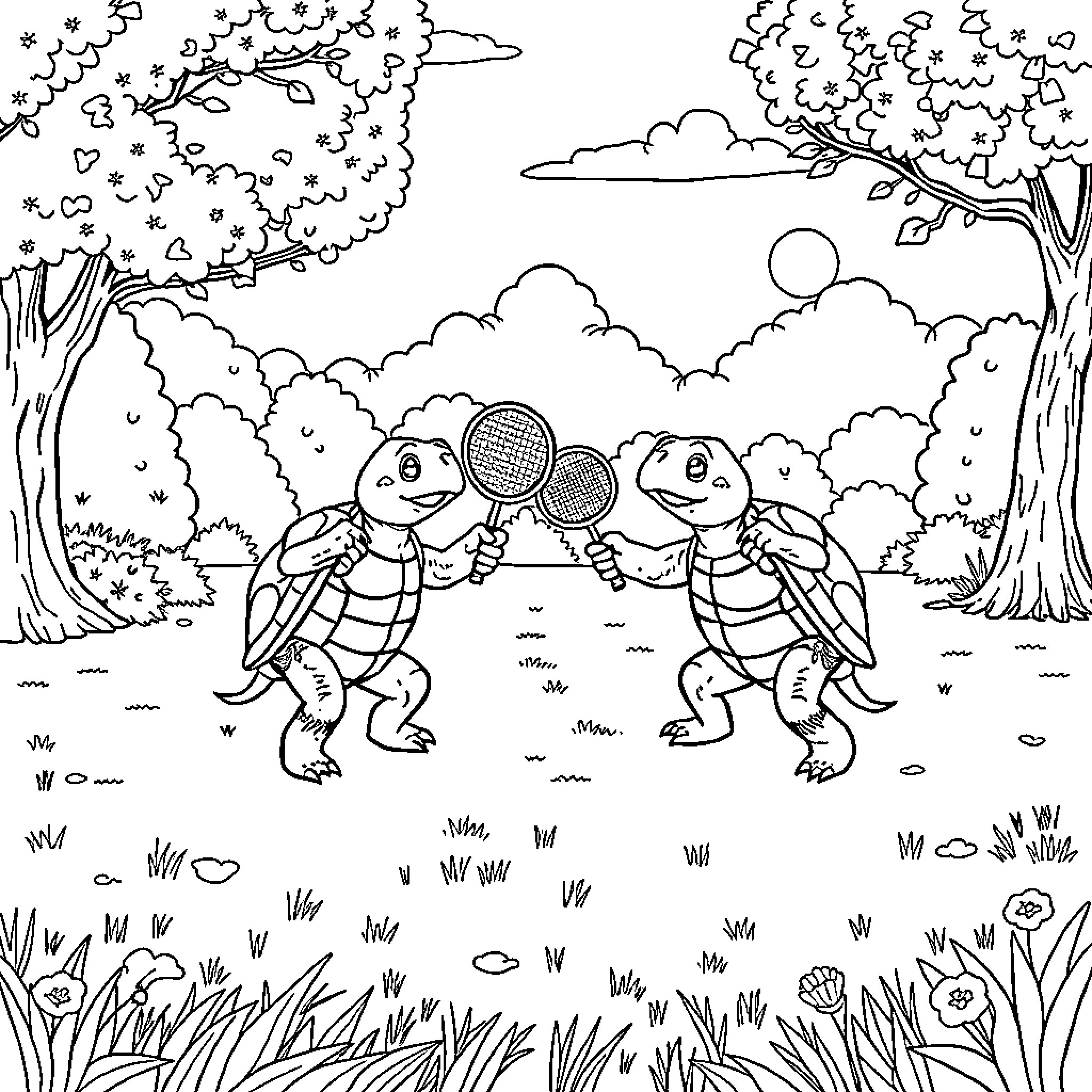 Turtle friends playing with tennis rackets in the woods Coloring Page (free black-and-white line drawing printable PDF for all, from beginners to advanced learners, including children, teens, adults, and seniors)