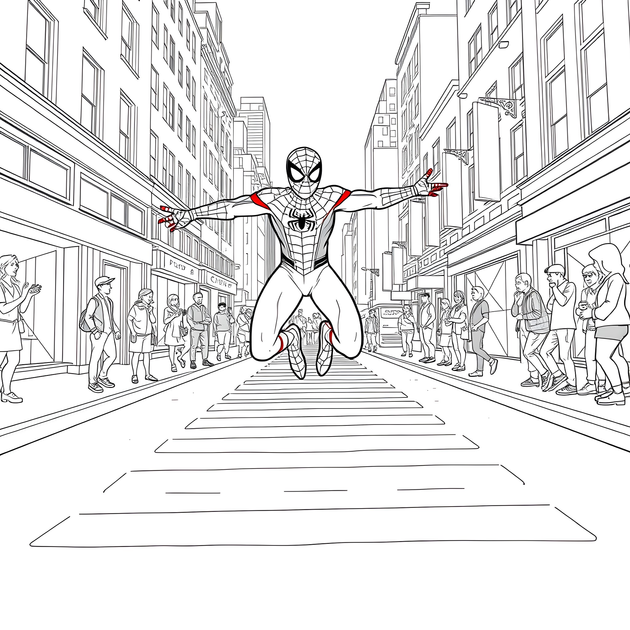 Spider-Man swinging through the city streets Coloring Page (free black-and-white line drawing printable PDF for all, from beginners to advanced learners, including children, teens, adults, and seniors)
