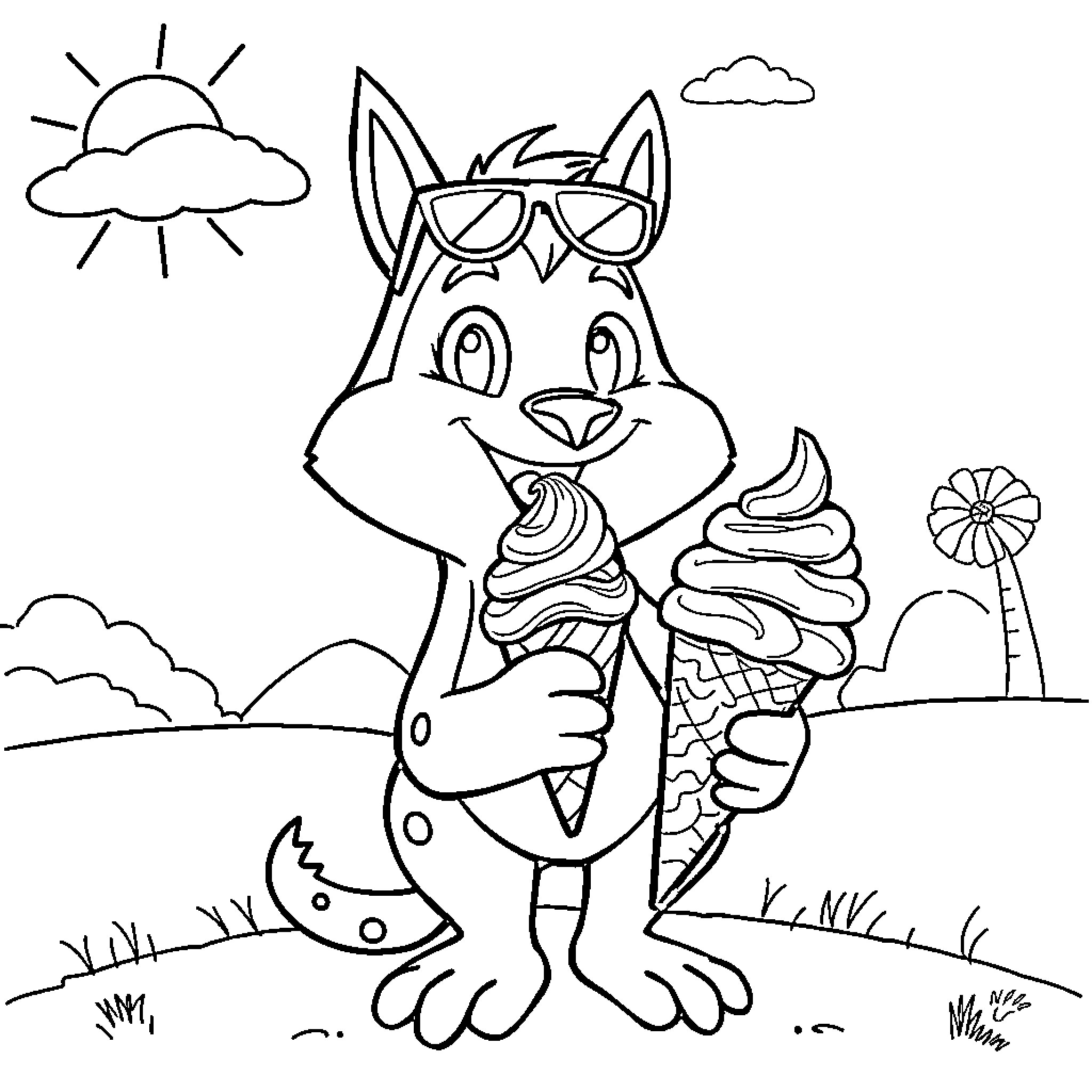 Huntrix Enjoying Ice Cream on a Sunny Day Coloring Page (free black-and-white line drawing printable PDF for all, from beginners to advanced learners, including children, teens, adults, and seniors)