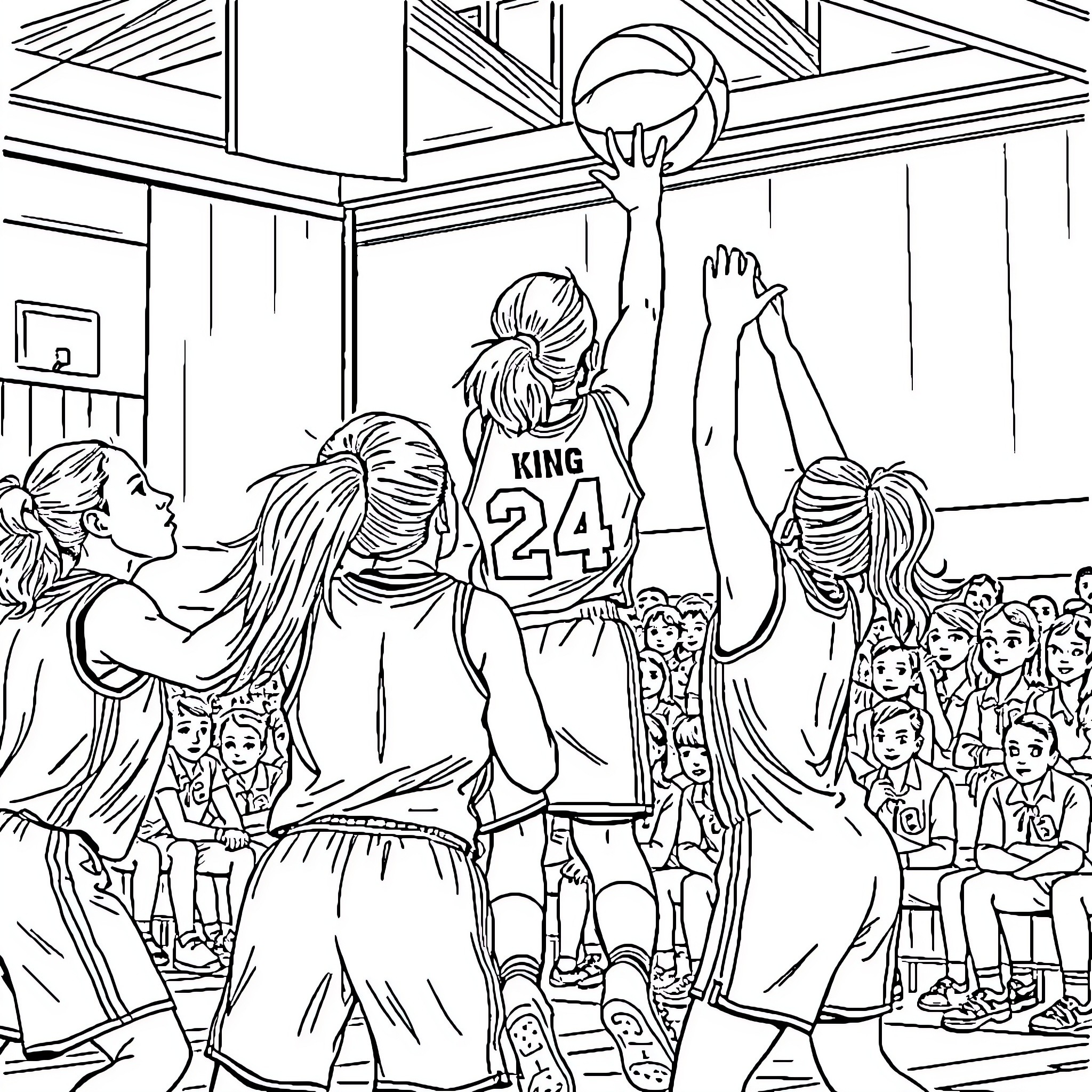 Girl playing basketball with teammates on court Coloring Page (free black-and-white line drawing printable PDF for all, from beginners to advanced learners, including children, teens, adults, and seniors)