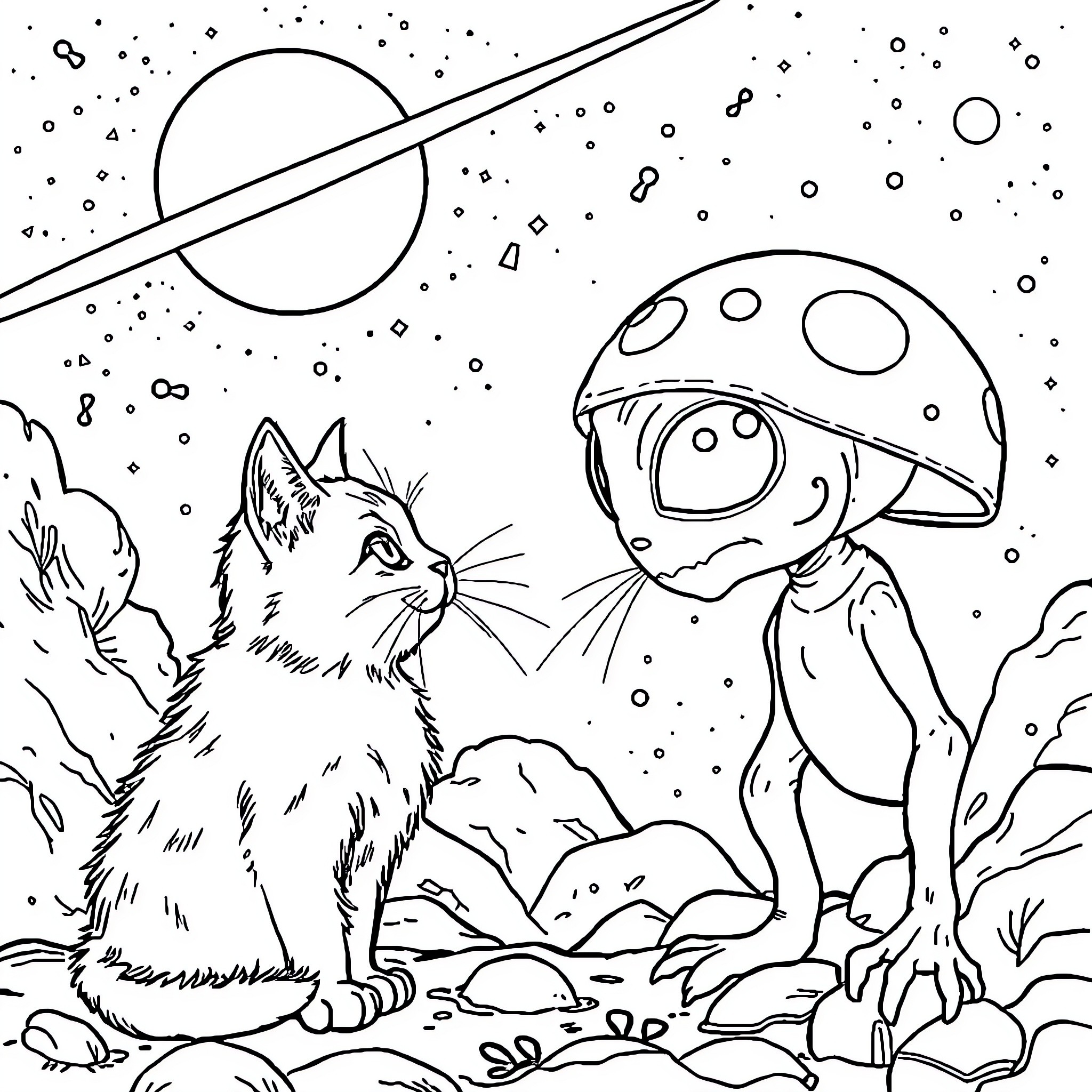 Cat and Mushroom Creature in Cosmic Landscape Coloring Page (free black-and-white line drawing printable PDF for all, from beginners to advanced learners, including children, teens, adults, and seniors)