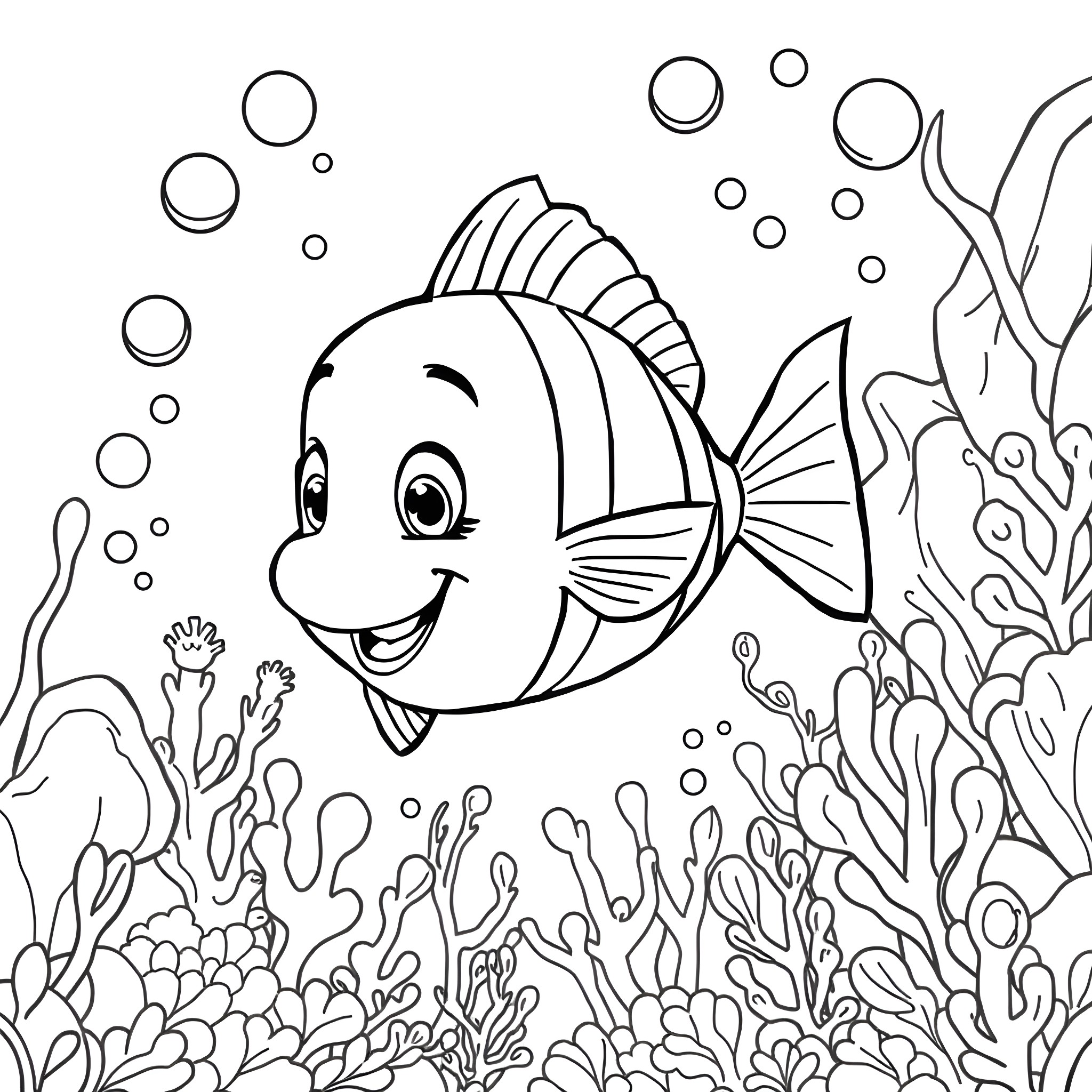 Flounder swimming happily among coral reefs Coloring Page (free black-and-white line drawing printable PDF for all, from beginners to advanced learners, including children, teens, adults, and seniors)