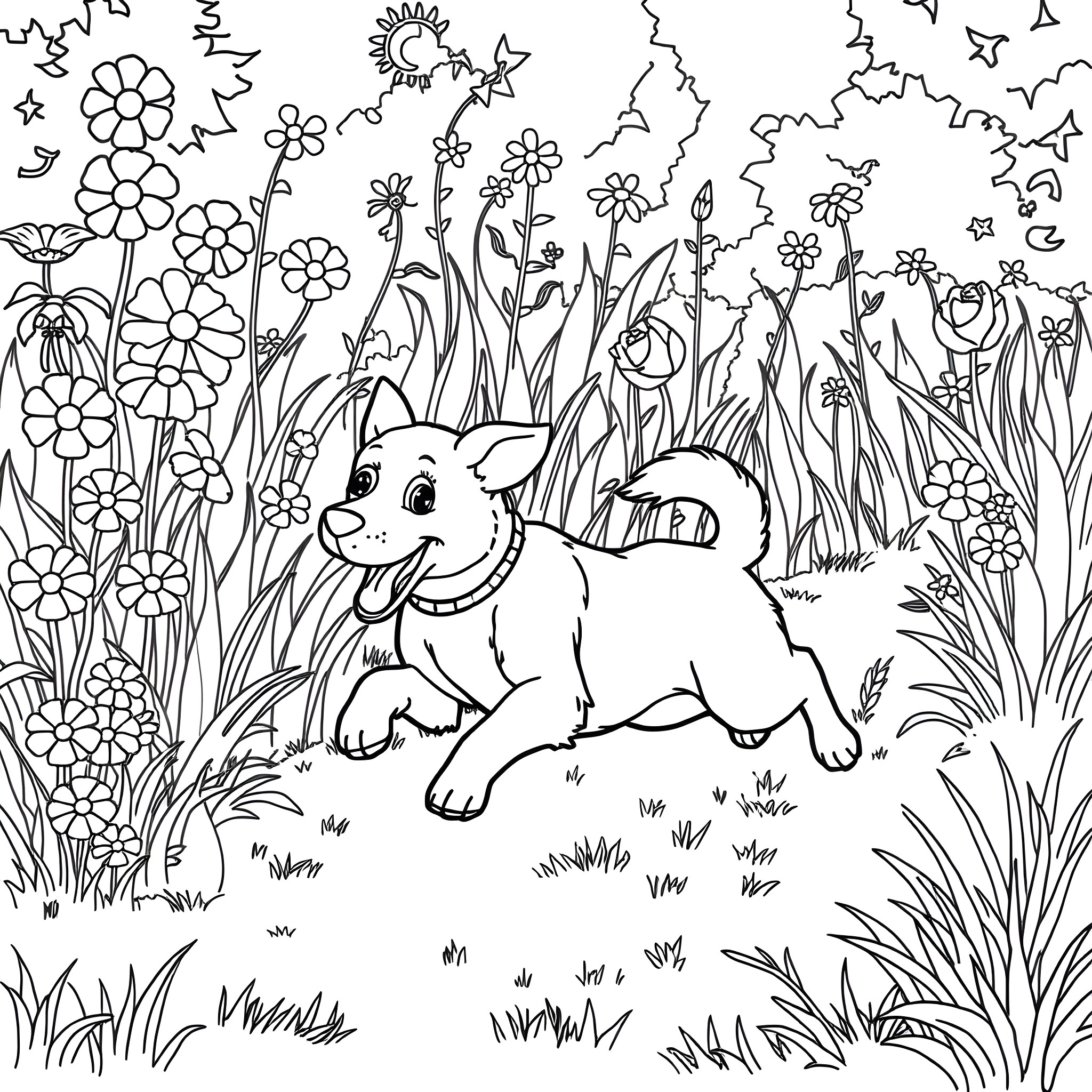 Dog playing happily in a floral garden Coloring Page (free black-and-white line drawing printable PDF for all, from beginners to advanced learners, including children, teens, adults, and seniors)