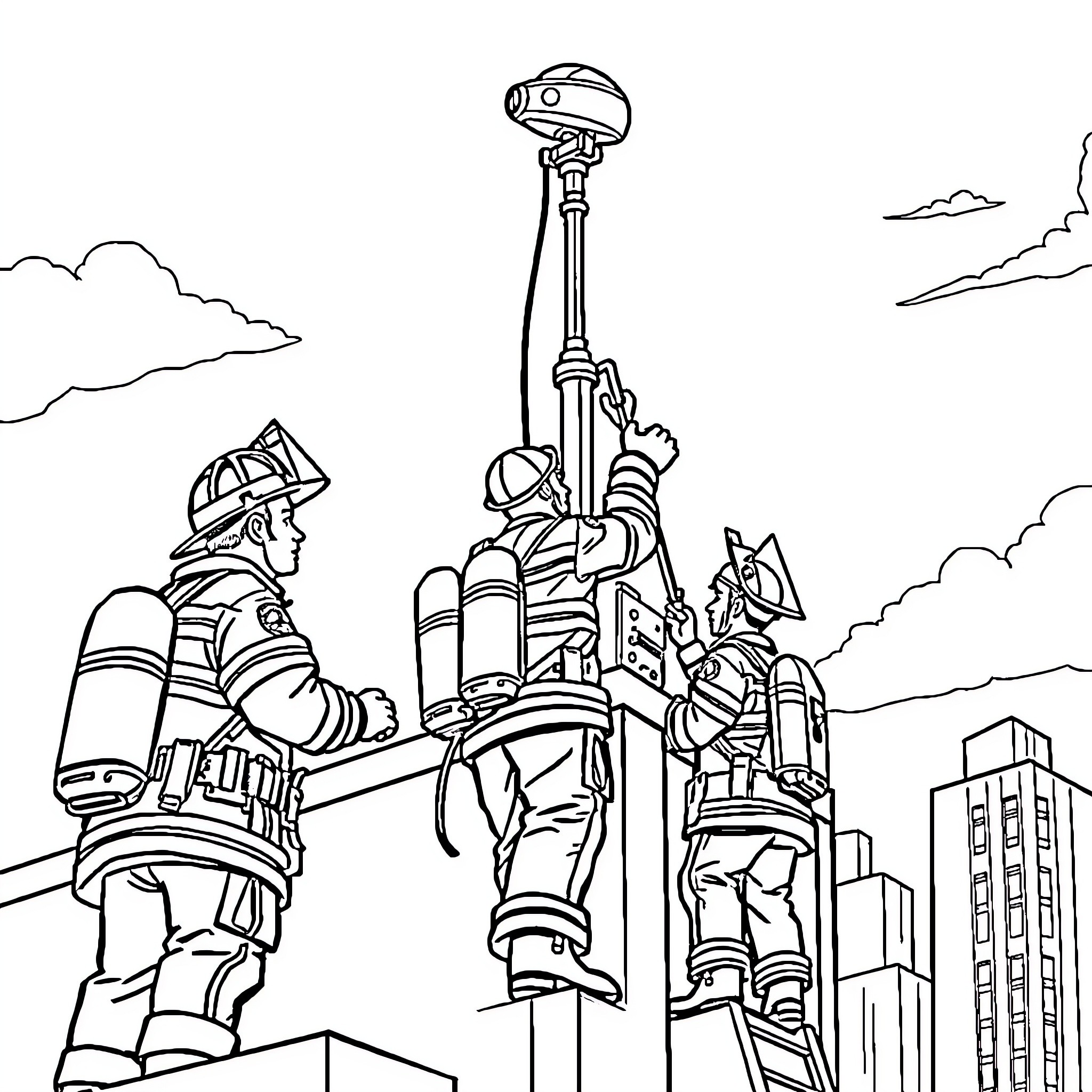 Fire Chief Leads Firefighters in Emergency Response Coloring Page (free black-and-white line drawing printable PDF for all, from beginners to advanced learners, including children, teens, adults, and seniors)