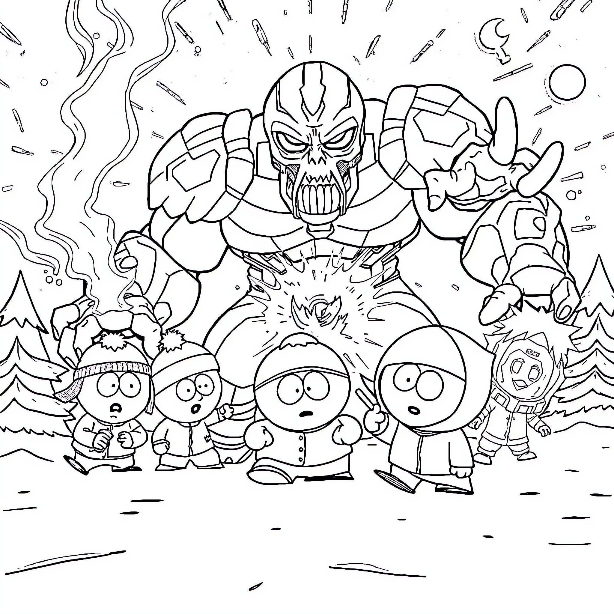 Southpark kids facing a fearsome villain Coloring Page (free black-and-white line drawing printable PDF for all, from beginners to advanced learners, including children, teens, adults, and seniors)