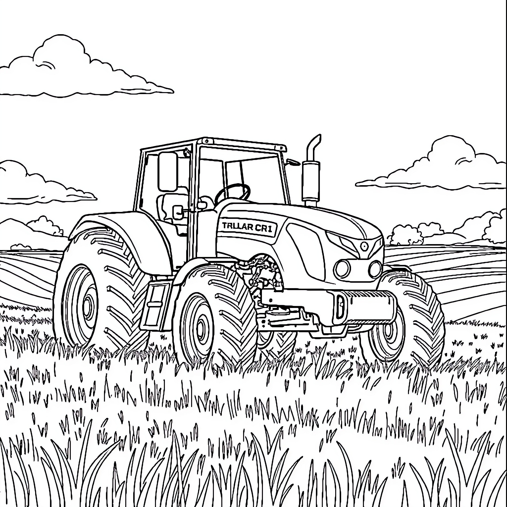 Tractor plowing the field in the countryside Coloring Page (free black-and-white line drawing printable PDF for all, from beginners to advanced learners, including children, teens, adults, and seniors)