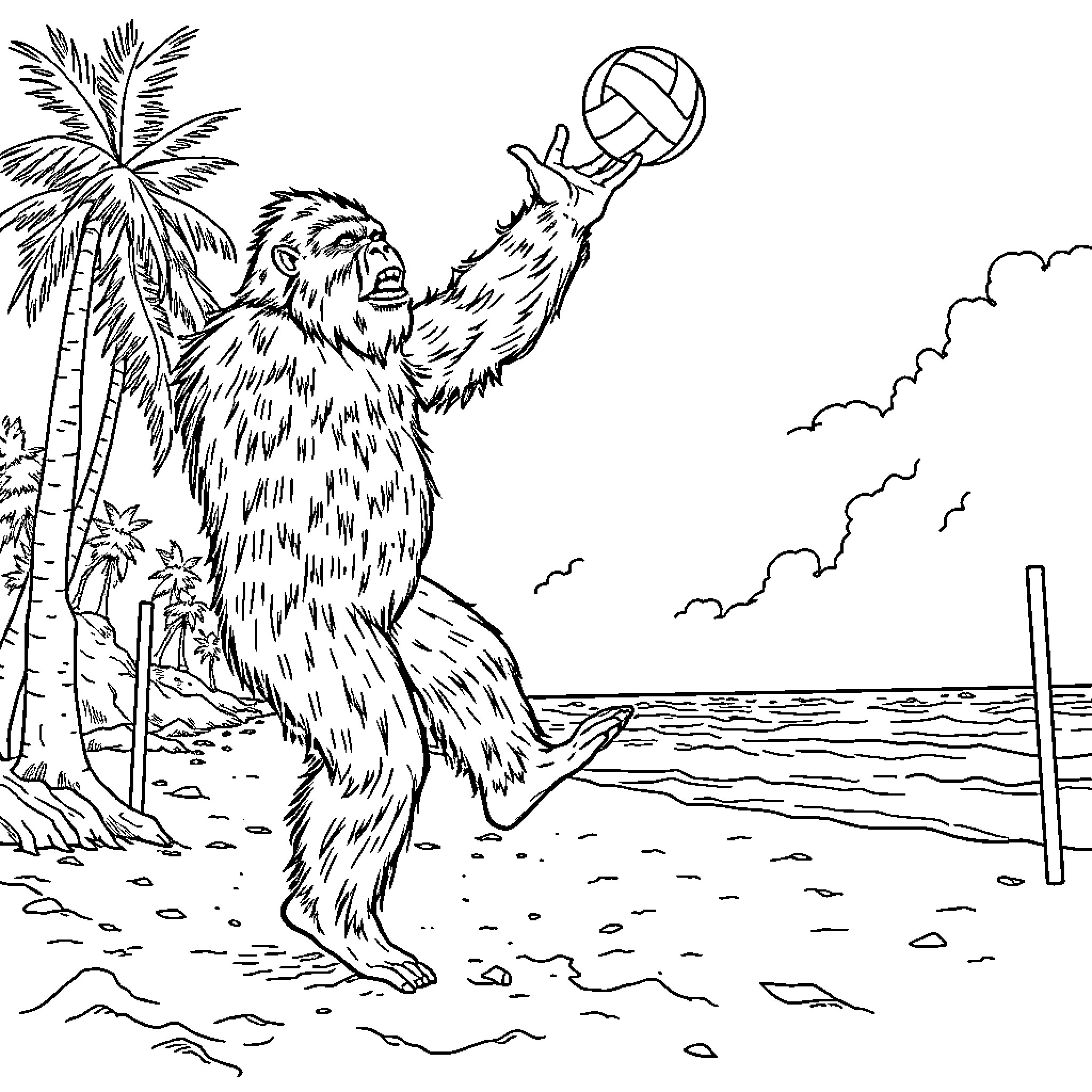 Sasquatch playing volleyball on the beach Coloring Page (free black-and-white line drawing printable PDF for all, from beginners to advanced learners, including children, teens, adults, and seniors)