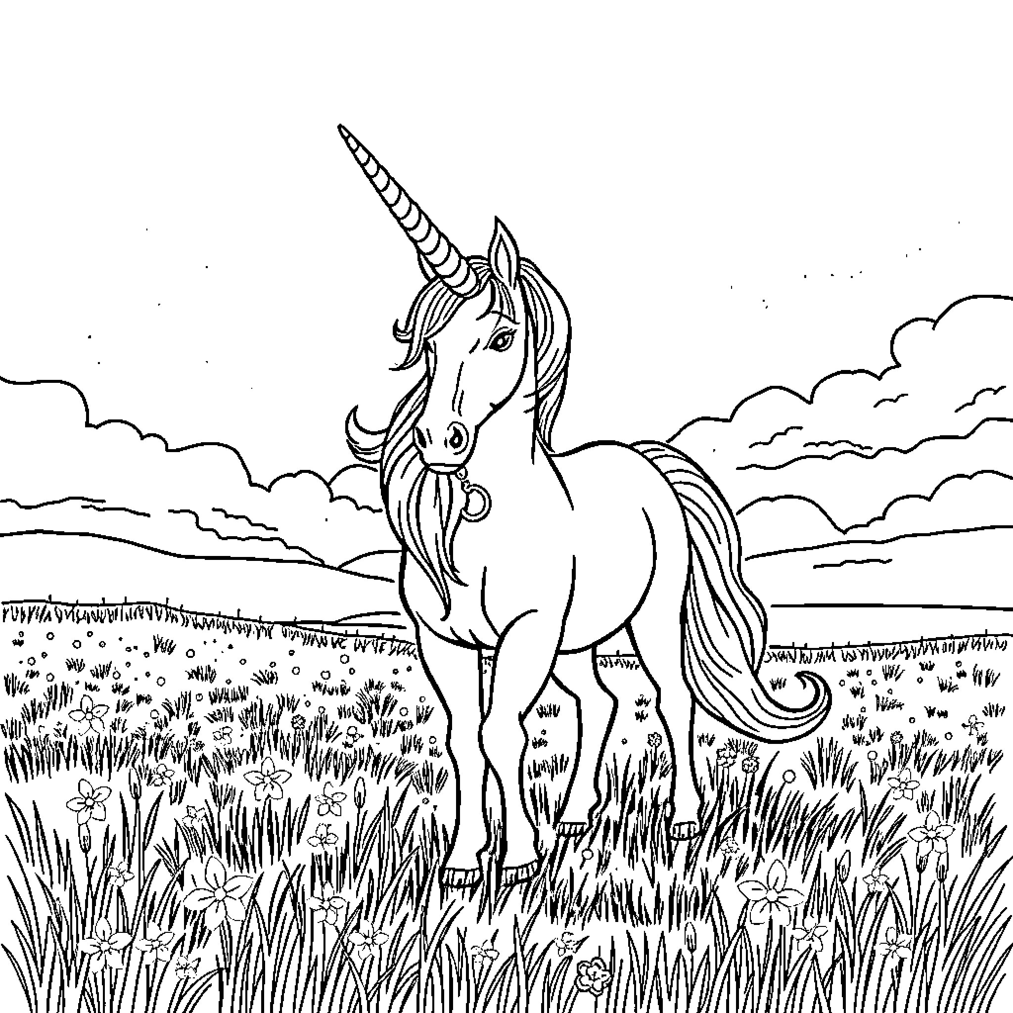 Unicorn standing proudly in a meadow Coloring Page (free black-and-white line drawing printable PDF for all, from beginners to advanced learners, including children, teens, adults, and seniors)