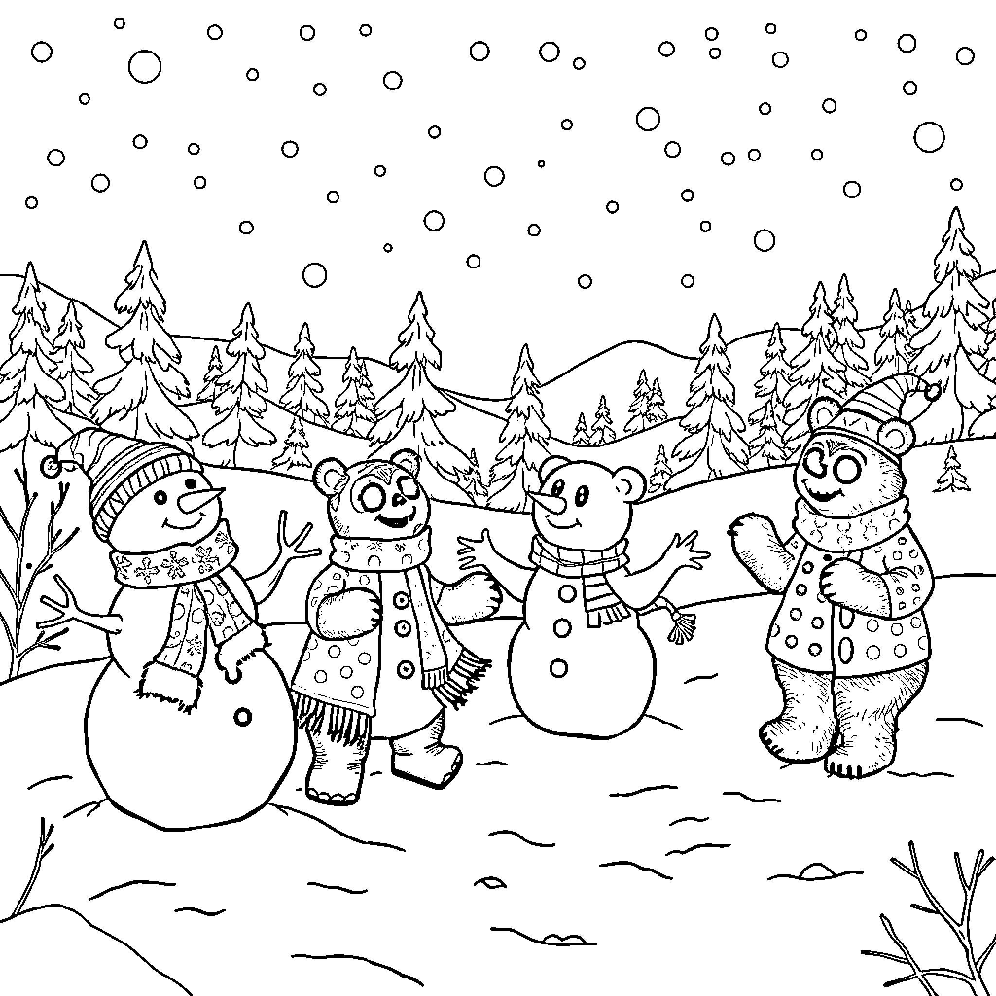 Snowman friends playing in snowy winter wonderland Coloring Page (free black-and-white line drawing printable PDF for all, from beginners to advanced learners, including children, teens, adults, and seniors)