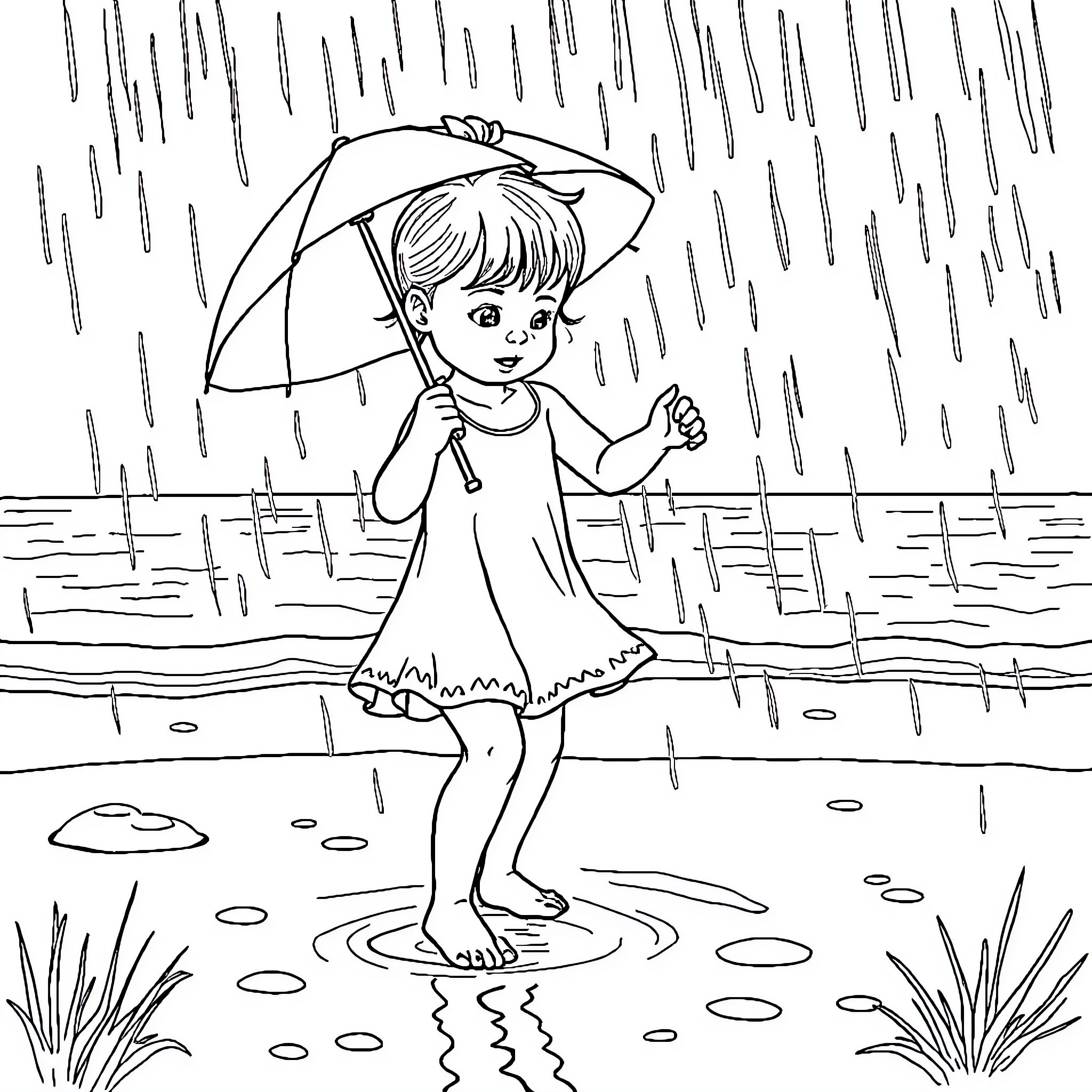 Nina enjoys the rainy day outdoors Coloring Page (free black-and-white line drawing printable PDF for all, from beginners to advanced learners, including children, teens, adults, and seniors)