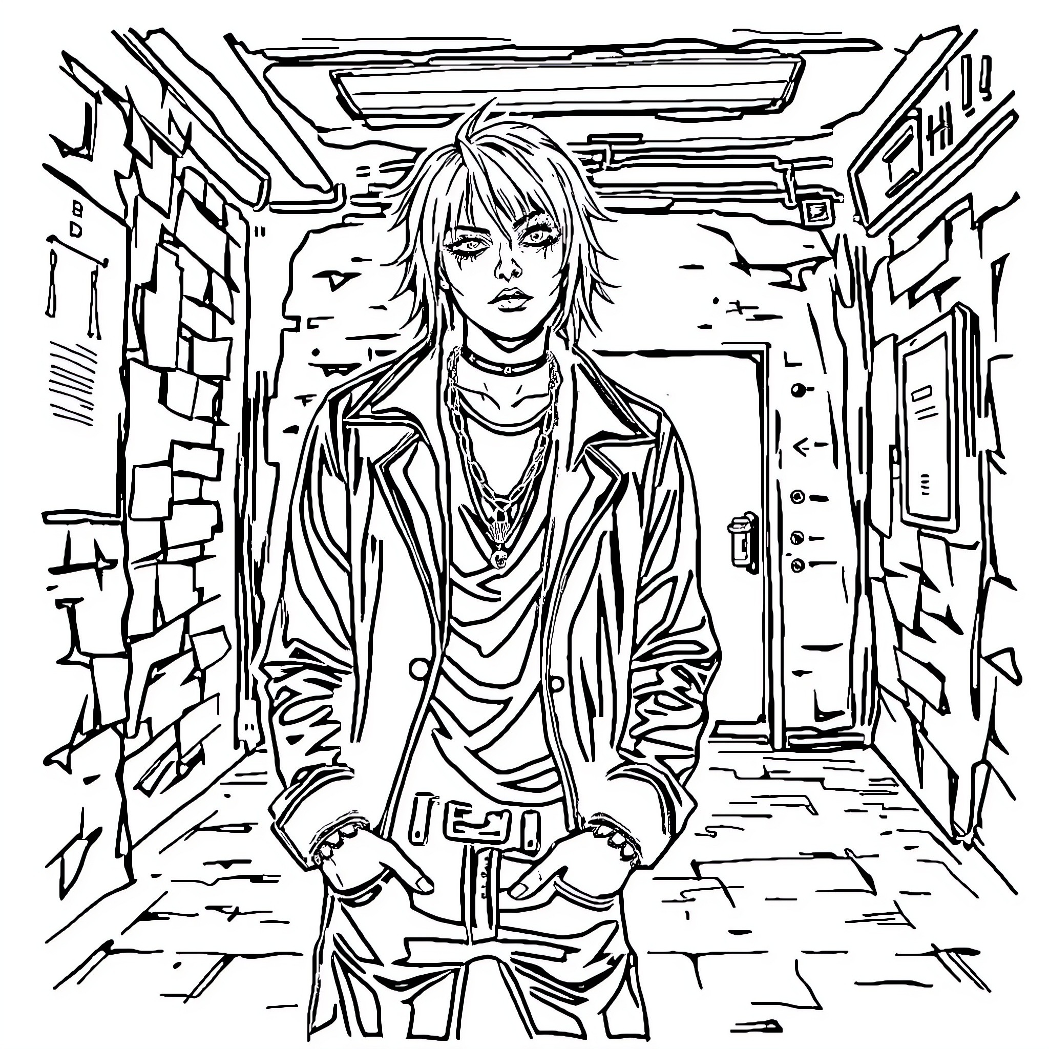 Goth figure in edgy urban setting Coloring Page (free black-and-white line drawing printable PDF for all, from beginners to advanced learners, including children, teens, adults, and seniors)