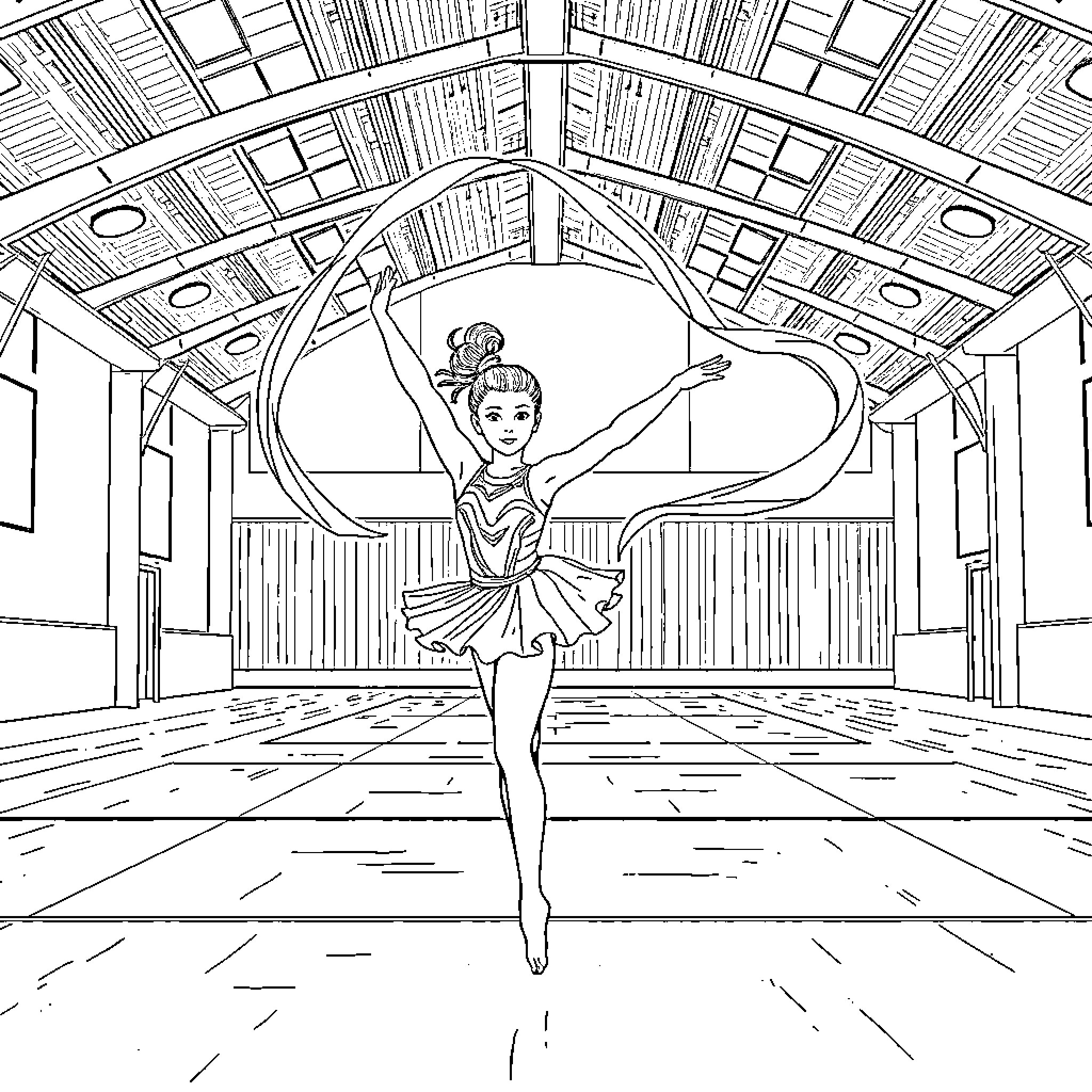 Gymnast performing graceful dance in a ballet studio Coloring Page (free black-and-white line drawing printable PDF for all, from beginners to advanced learners, including children, teens, adults, and seniors)