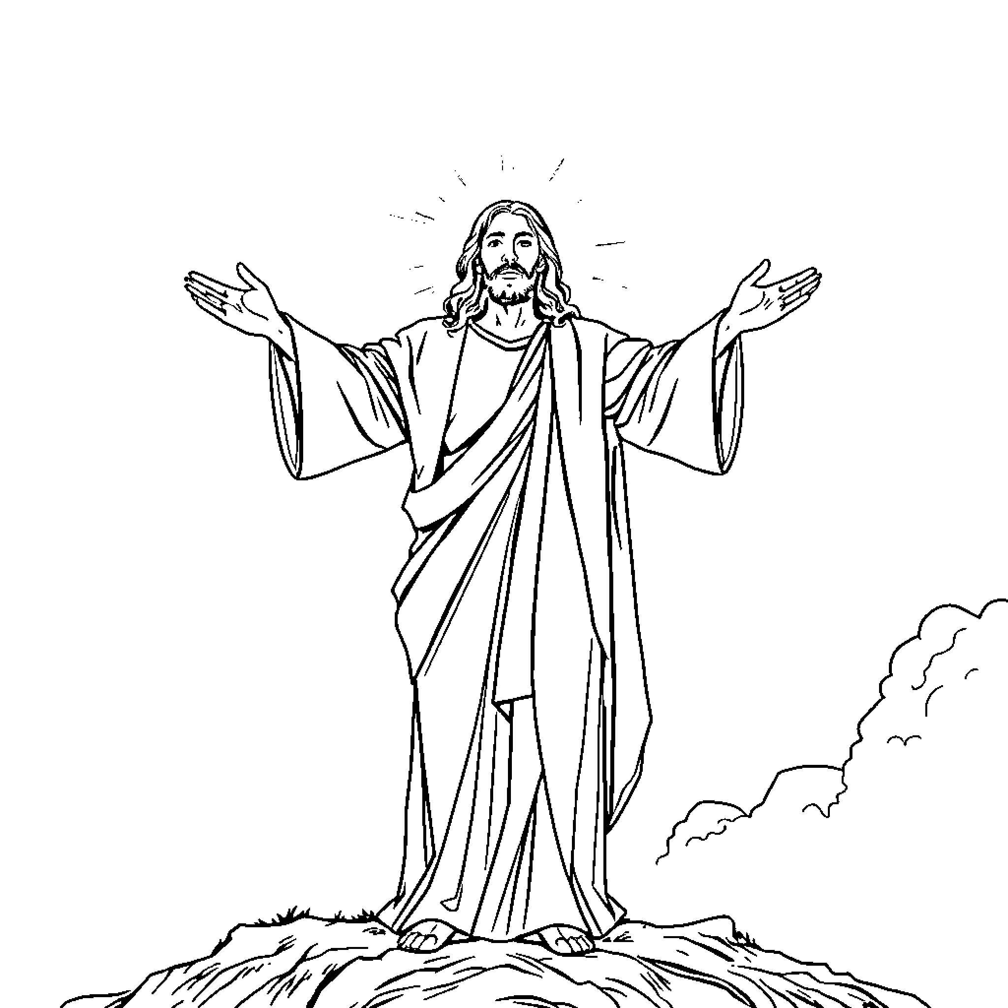 Jesus preaching with outstretched arms on a hilltop Coloring Page (free black-and-white line drawing printable PDF for all, from beginners to advanced learners, including children, teens, adults, and seniors)