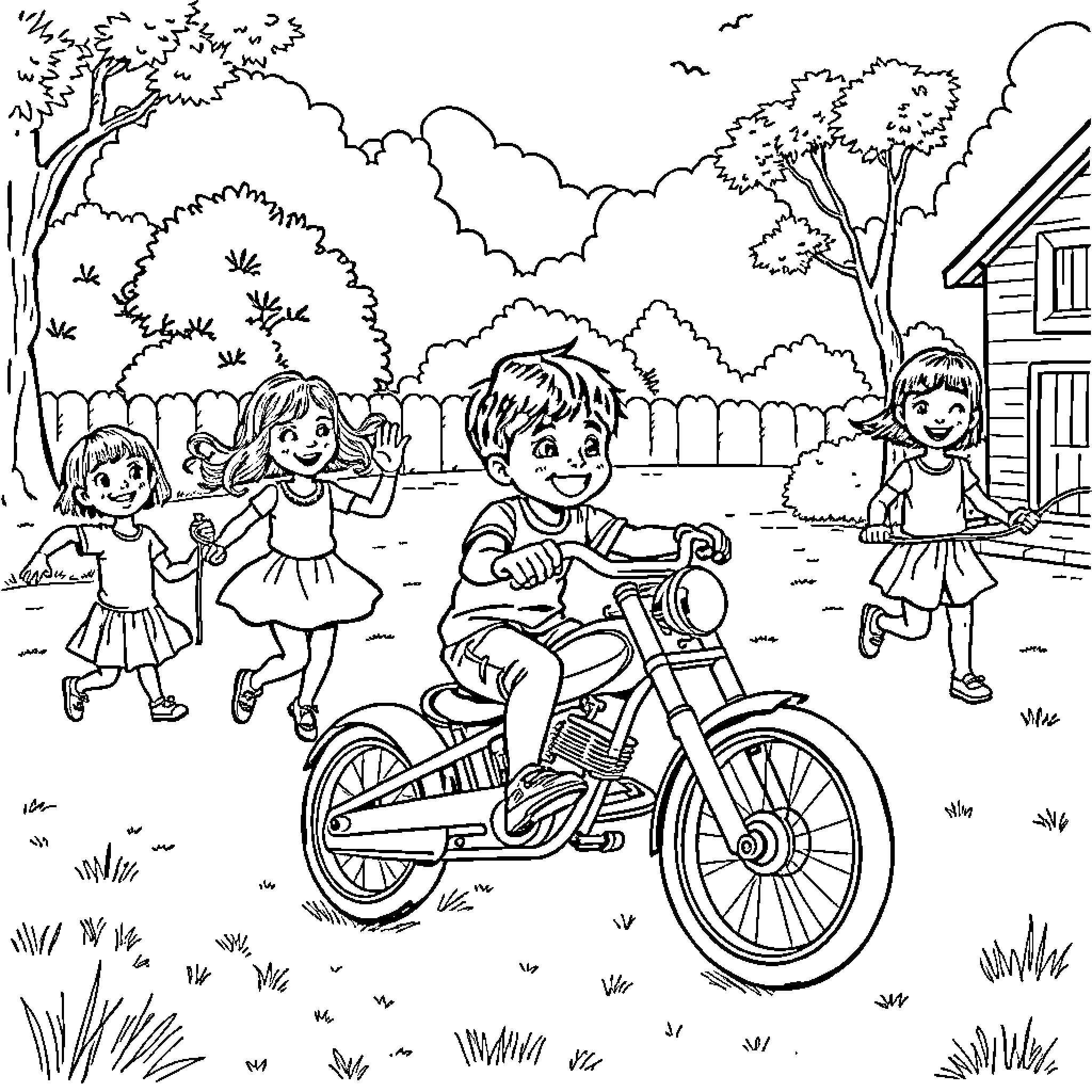 Kid playing on a bicycle with friends in the park Coloring Page (free black-and-white line drawing printable PDF for all, from beginners to advanced learners, including children, teens, adults, and seniors)