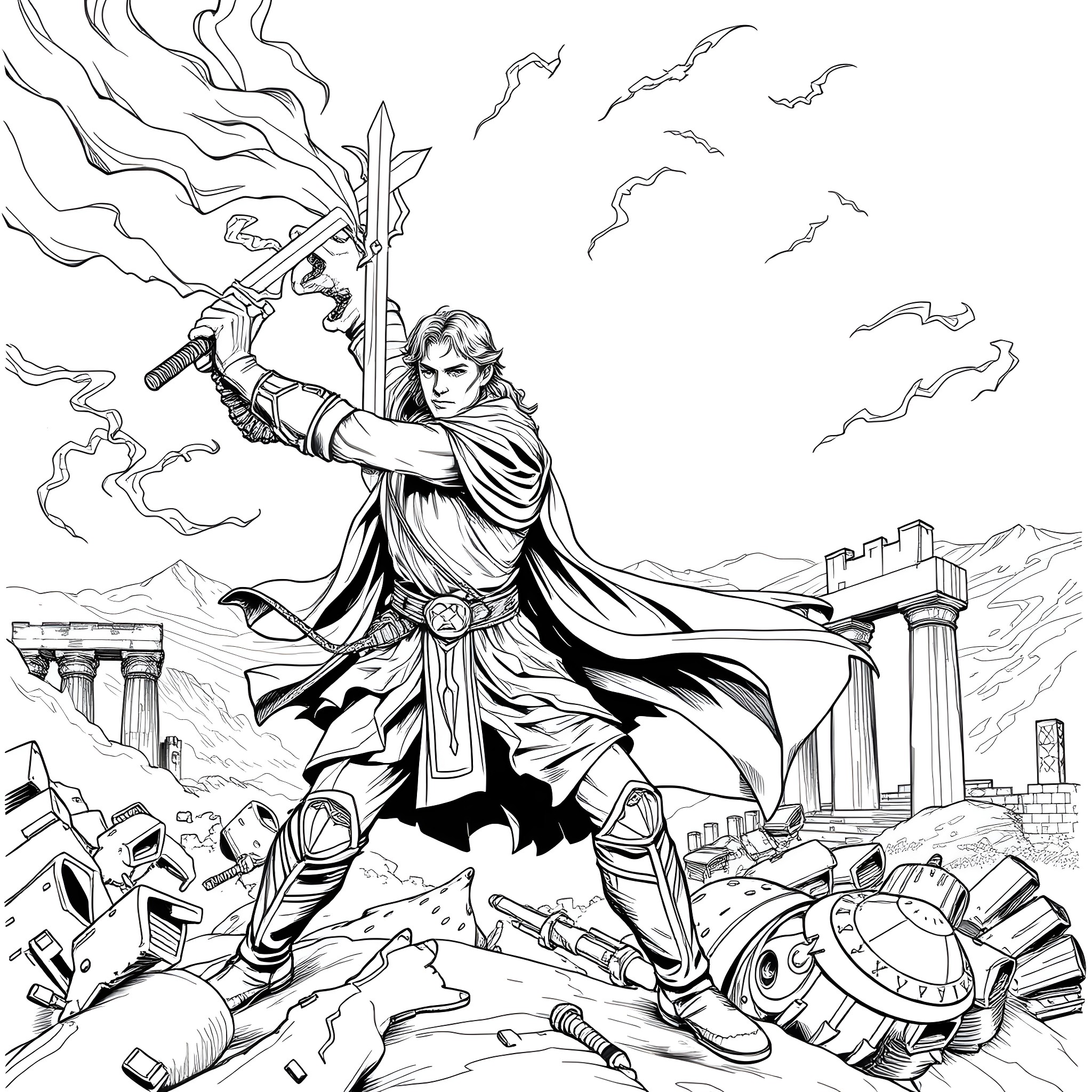 Clive Rosfield, the Heroic Warrior Stands Victorious Coloring Page (free black-and-white line drawing printable PDF for all, from beginners to advanced learners, including children, teens, adults, and seniors)