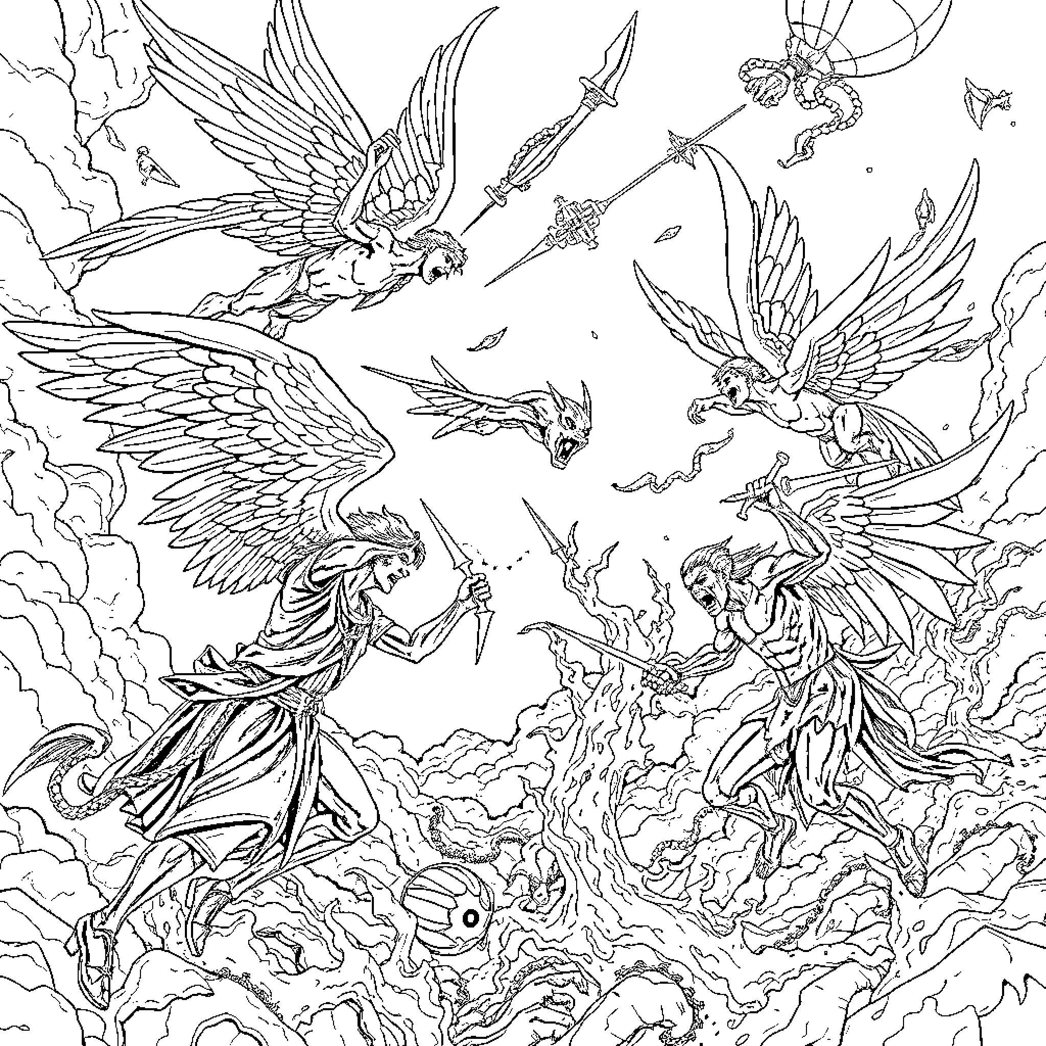 Angels in an Ethereal Battle Coloring Page (free black-and-white line drawing printable PDF for all, from beginners to advanced learners, including children, teens, adults, and seniors)