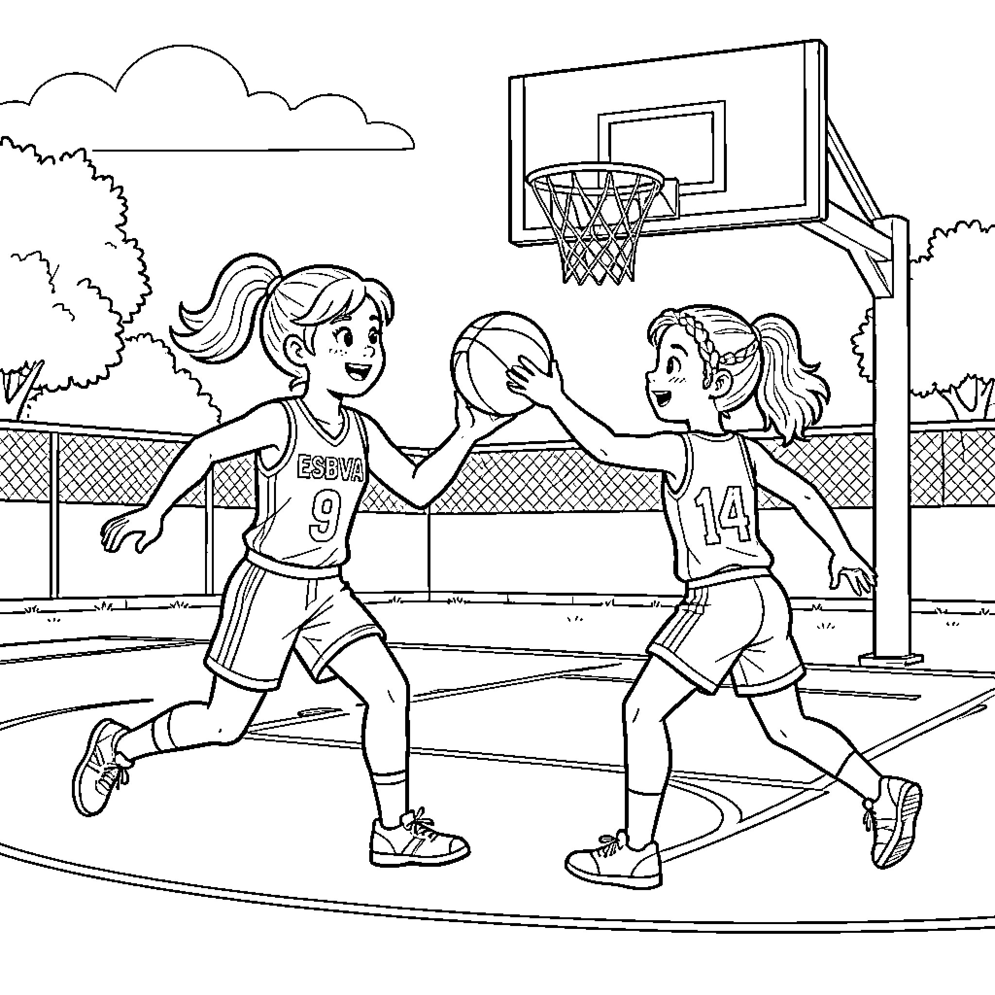 Basketball Player dribbling the ball during a game Coloring Page (free black-and-white line drawing printable PDF for all, from beginners to advanced learners, including children, teens, adults, and seniors)