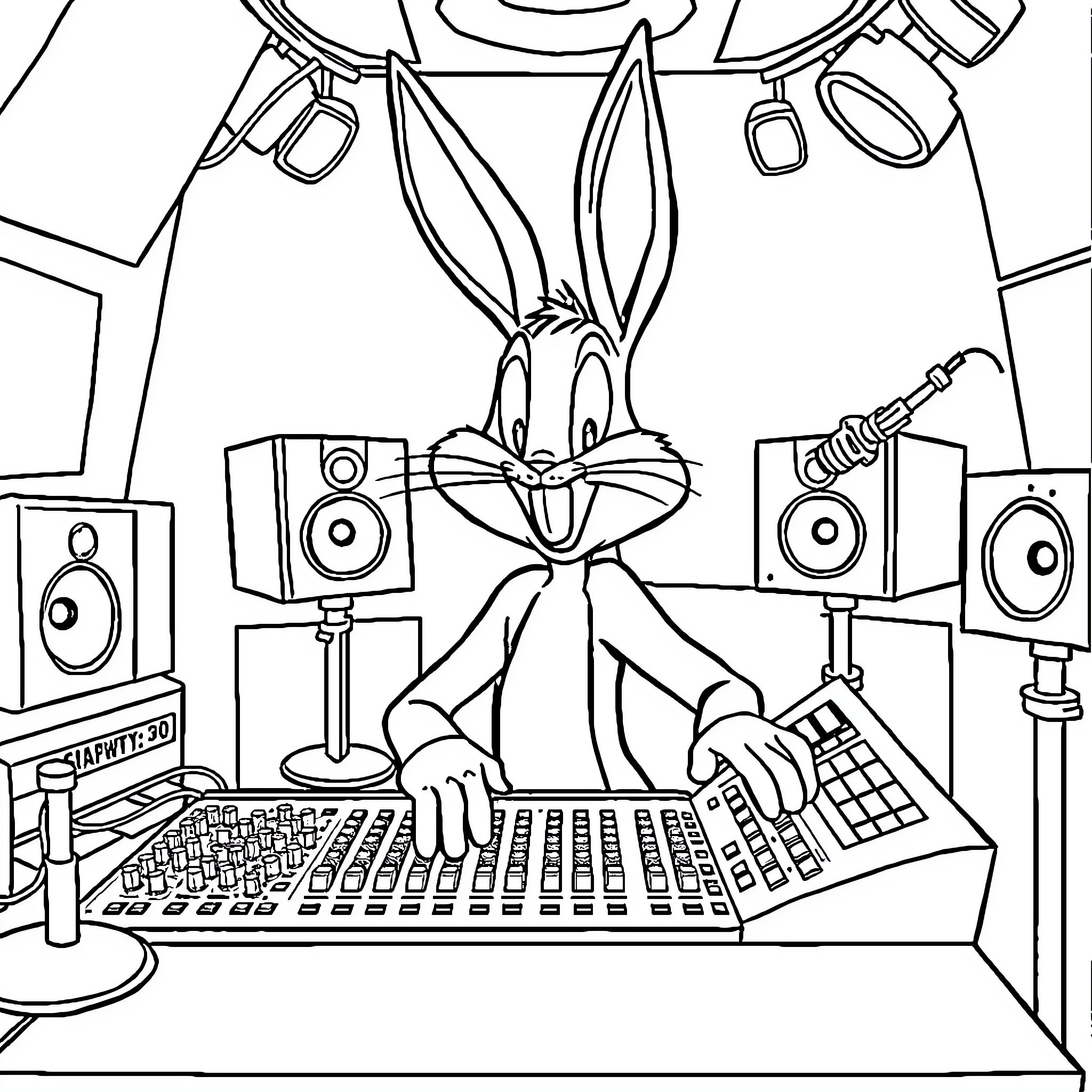 Bugs Bunny at a computer setup Coloring Page (free black-and-white line drawing printable PDF for all, from beginners to advanced learners, including children, teens, adults, and seniors)