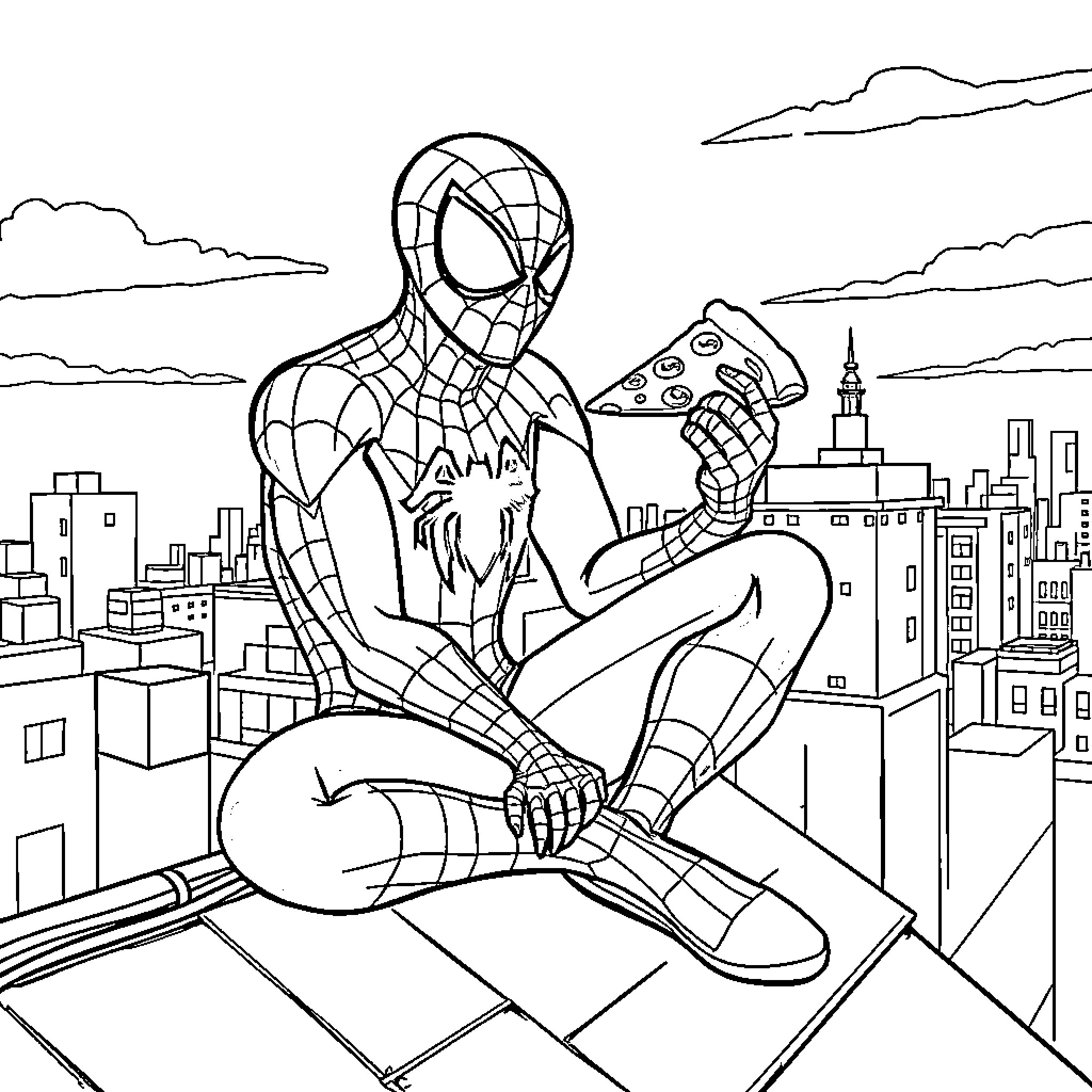 Spiderman playing video game on a city rooftop Coloring Page (free black-and-white line drawing printable PDF for all, from beginners to advanced learners, including children, teens, adults, and seniors)