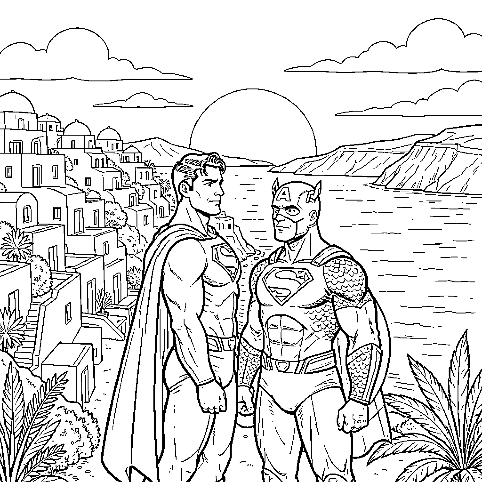 Superman standing heroically alongside Ant-Man in a coastal town Coloring Page (free black-and-white line drawing printable PDF for all, from beginners to advanced learners, including children, teens, adults, and seniors)