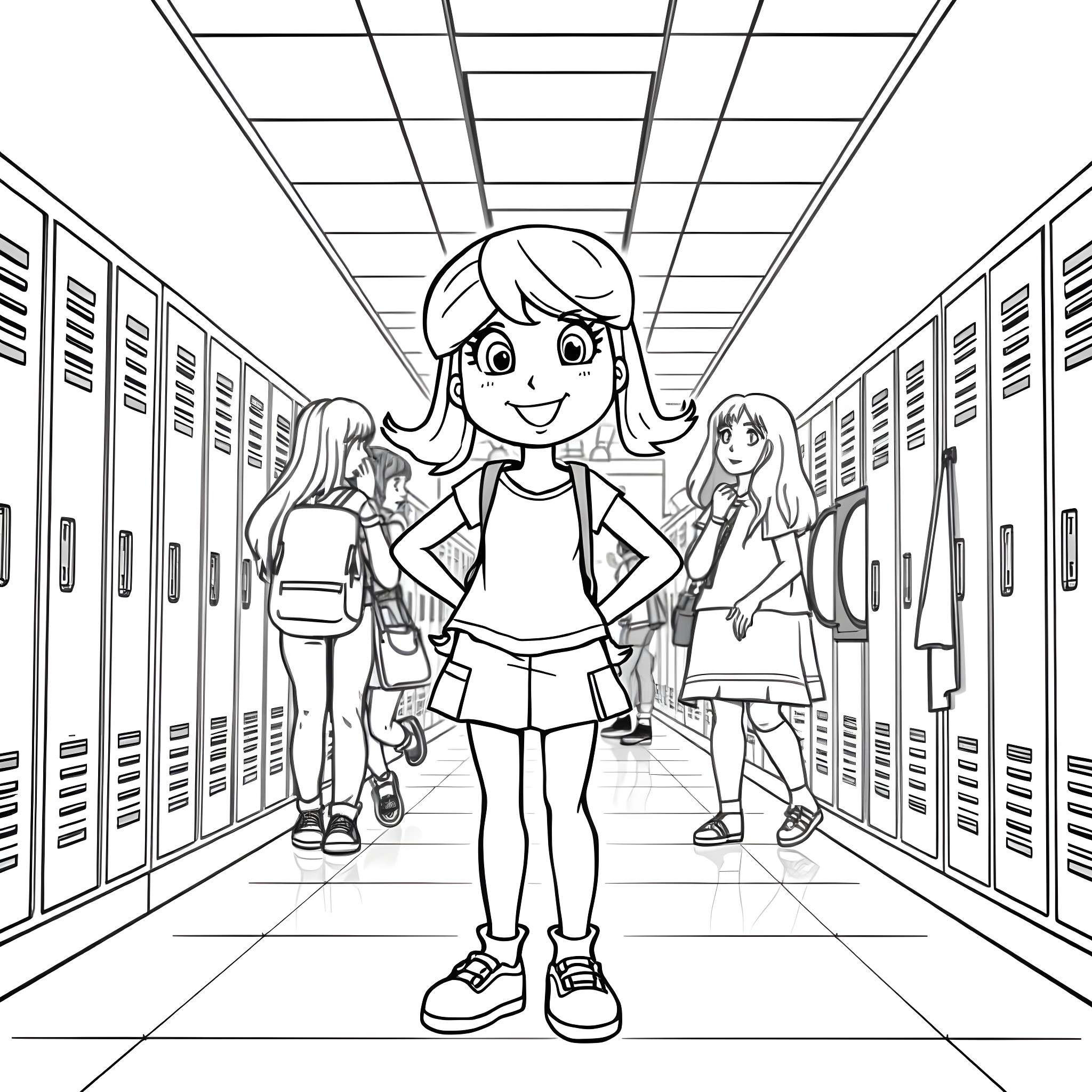 Lizzie McGuire's Confident Stroll Through the School Hallway Coloring Page (free black-and-white line drawing printable PDF for all, from beginners to advanced learners, including children, teens, adults, and seniors)