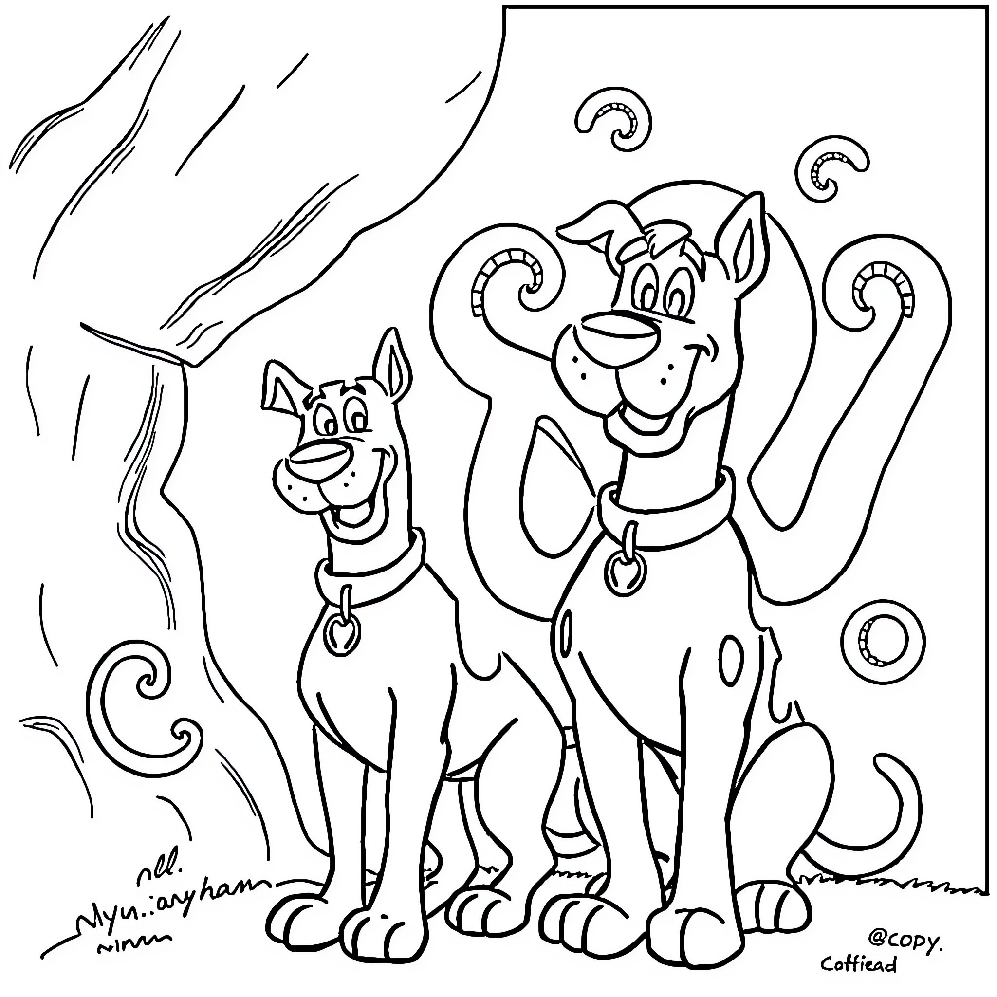 Scooby Doo and Scrappy Doo in a playful scene Coloring Page (free black-and-white line drawing printable PDF for all, from beginners to advanced learners, including children, teens, adults, and seniors)