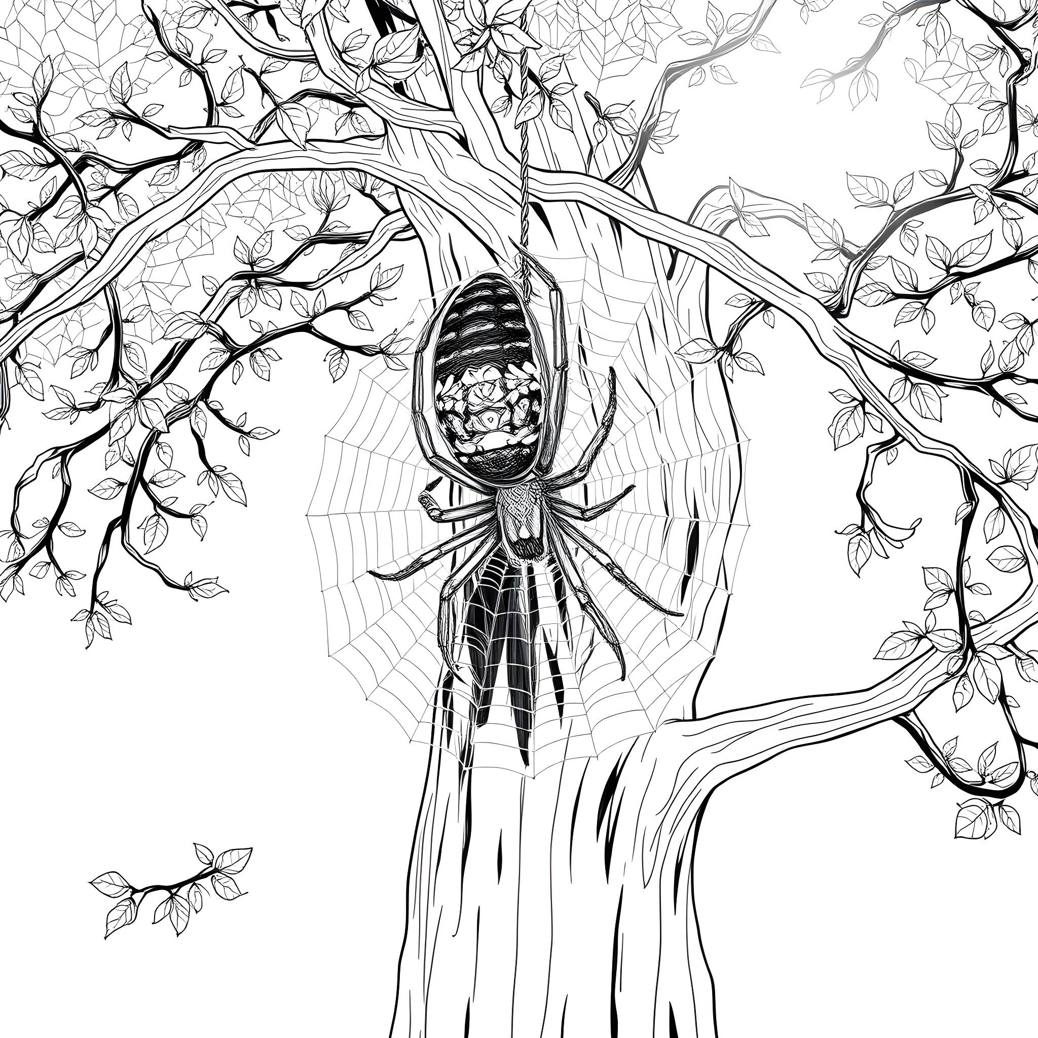 Spider creating intricate web in nature Coloring Page (free black-and-white line drawing printable PDF for all, from beginners to advanced learners, including children, teens, adults, and seniors)