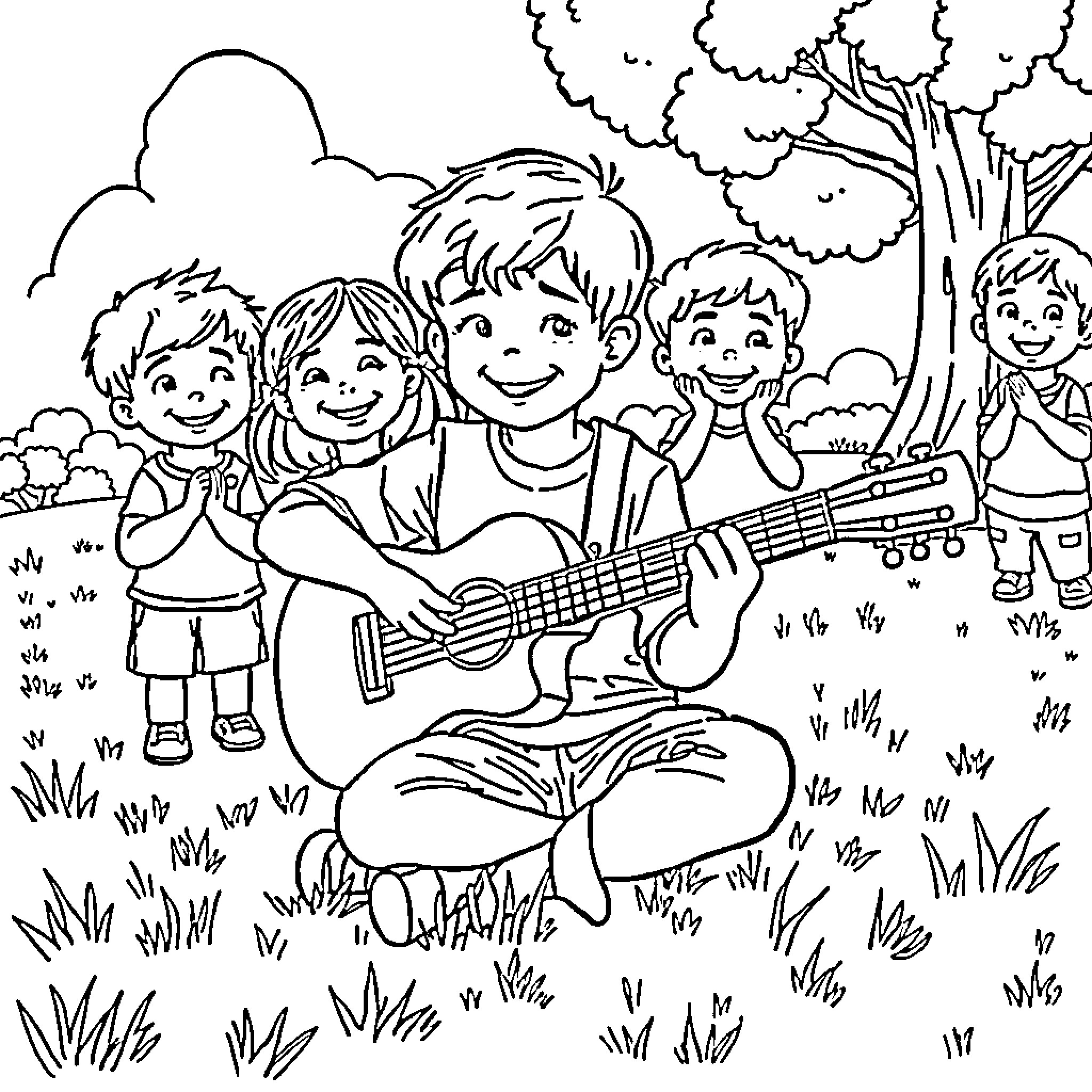 Boy playing guitar with friends in the park Coloring Page (free black-and-white line drawing printable PDF for all, from beginners to advanced learners, including children, teens, adults, and seniors)