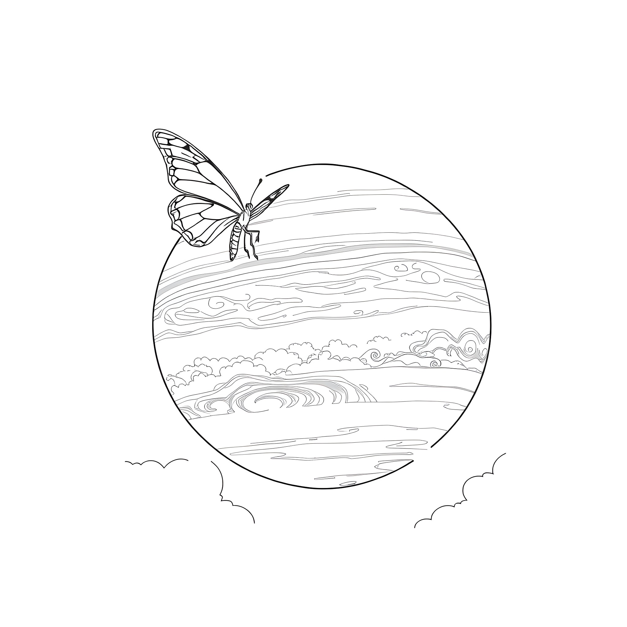 Butterfly soaring above the clouds Coloring Page (free black-and-white line drawing printable PDF for all, from beginners to advanced learners, including children, teens, adults, and seniors)