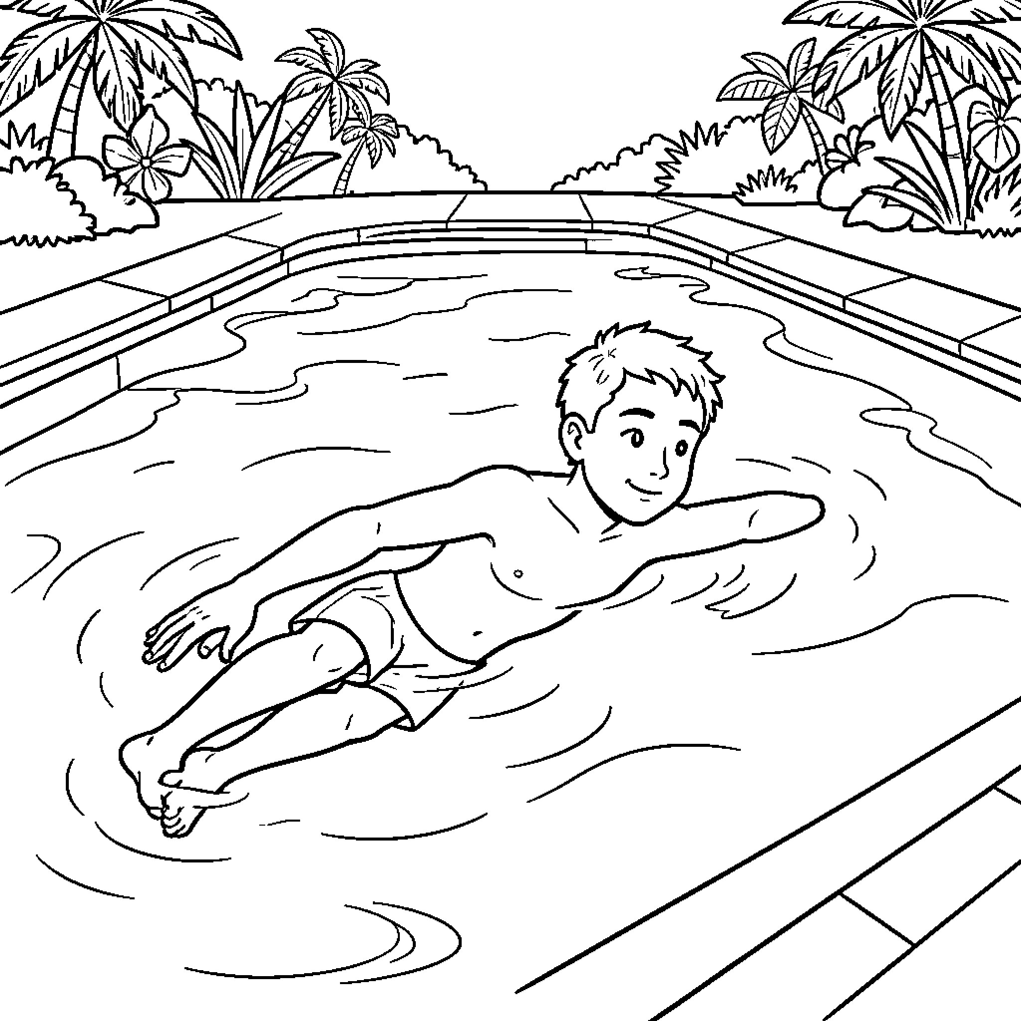 Hakimi swimming happily in a backyard pool Coloring Page (free black-and-white line drawing printable PDF for all, from beginners to advanced learners, including children, teens, adults, and seniors)