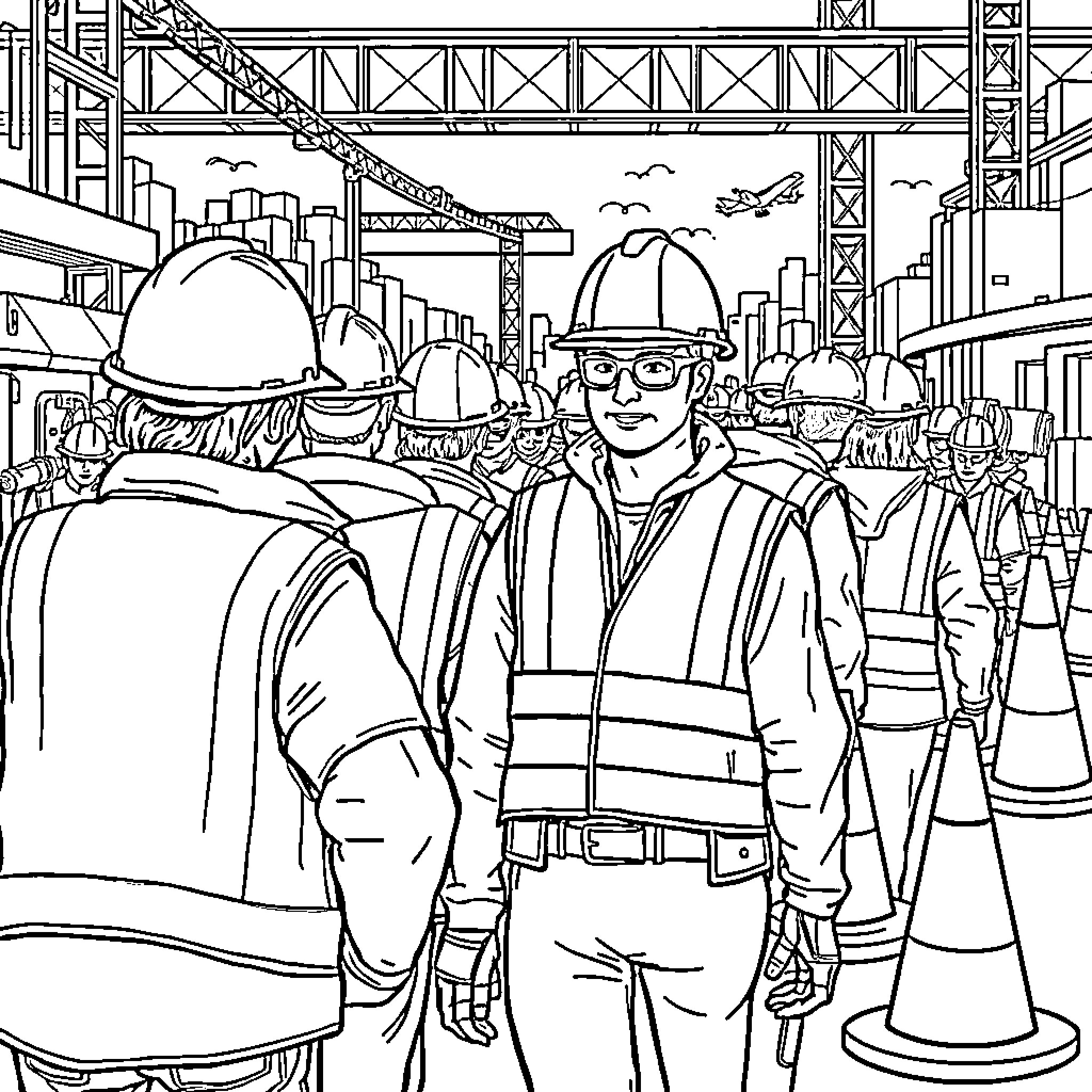 Safety Equipment for Construction Site Workers Coloring Page (free black-and-white line drawing printable PDF for all, from beginners to advanced learners, including children, teens, adults, and seniors)