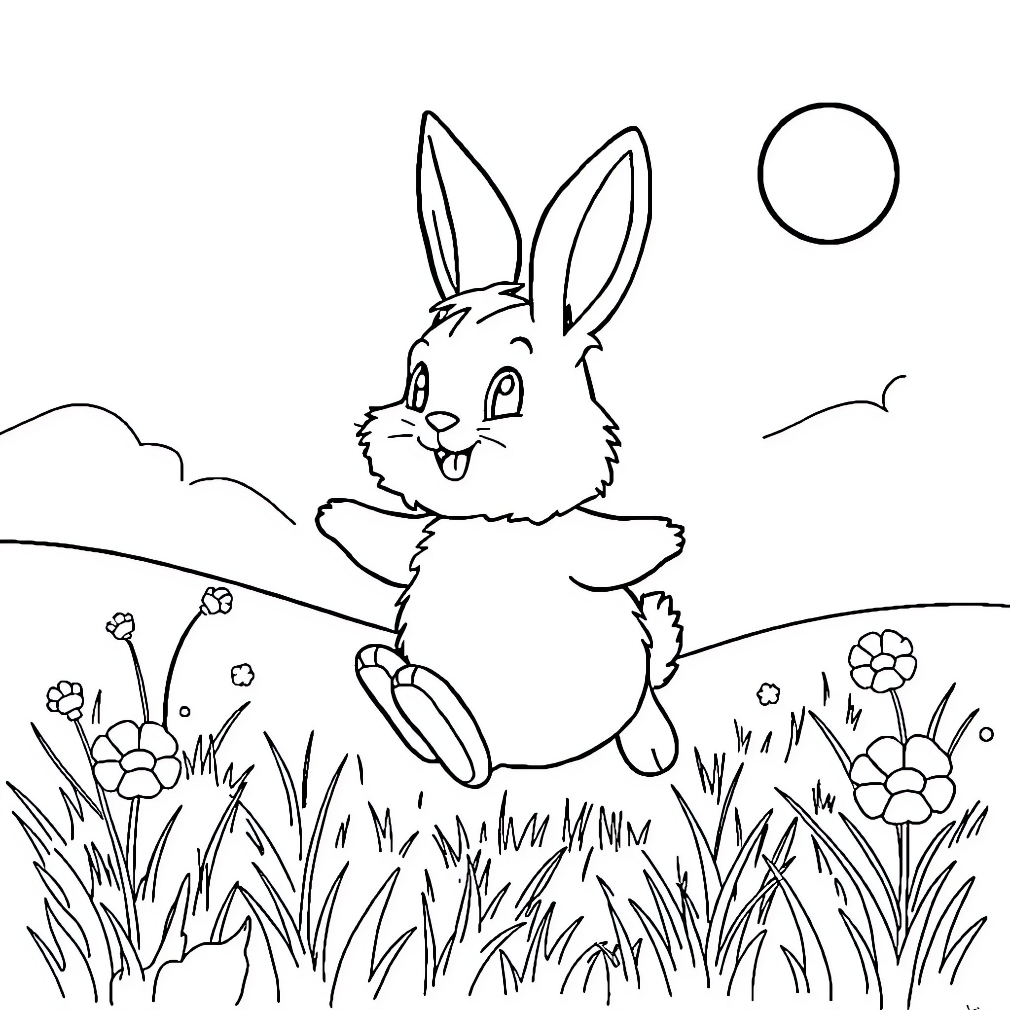 Rabbit hopping joyfully in a flowery meadow Coloring Page (free black-and-white line drawing printable PDF for all, from beginners to advanced learners, including children, teens, adults, and seniors)
