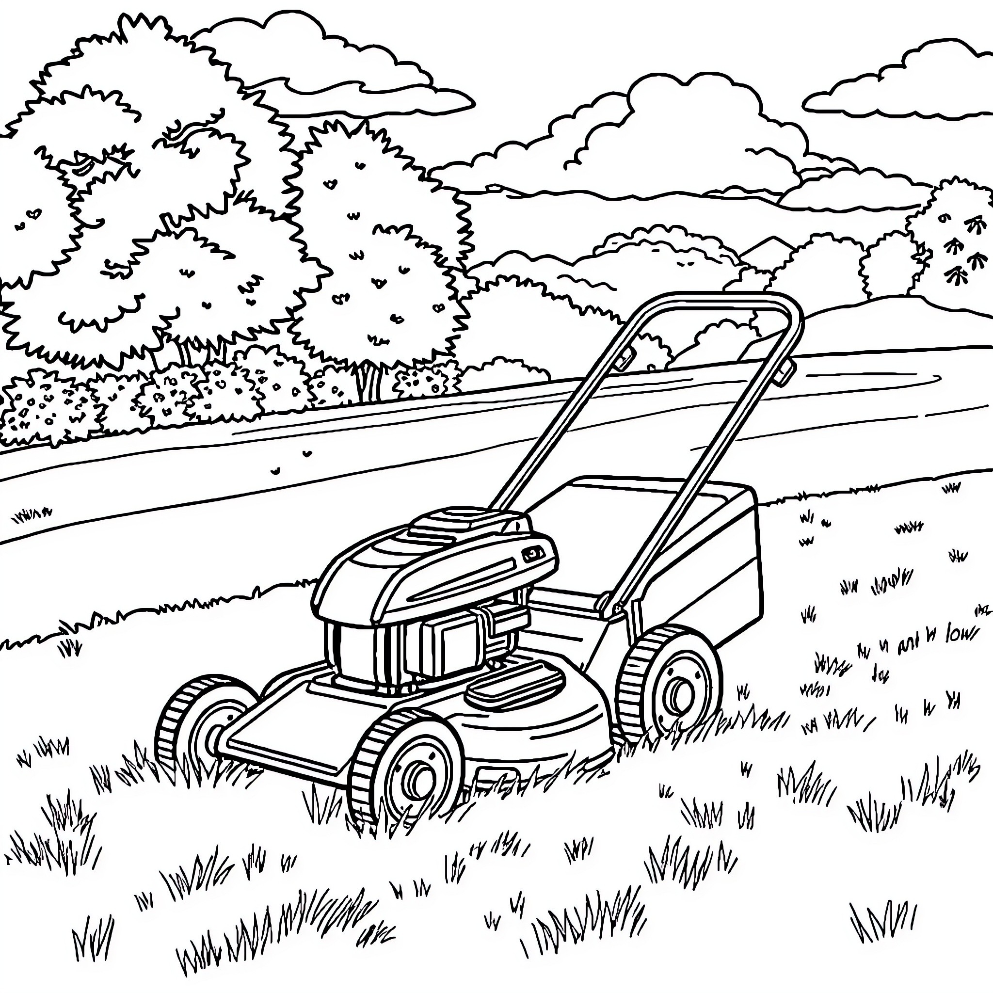 Lawnmower cutting grass in the countryside Coloring Page (free black-and-white line drawing printable PDF for all, from beginners to advanced learners, including children, teens, adults, and seniors)