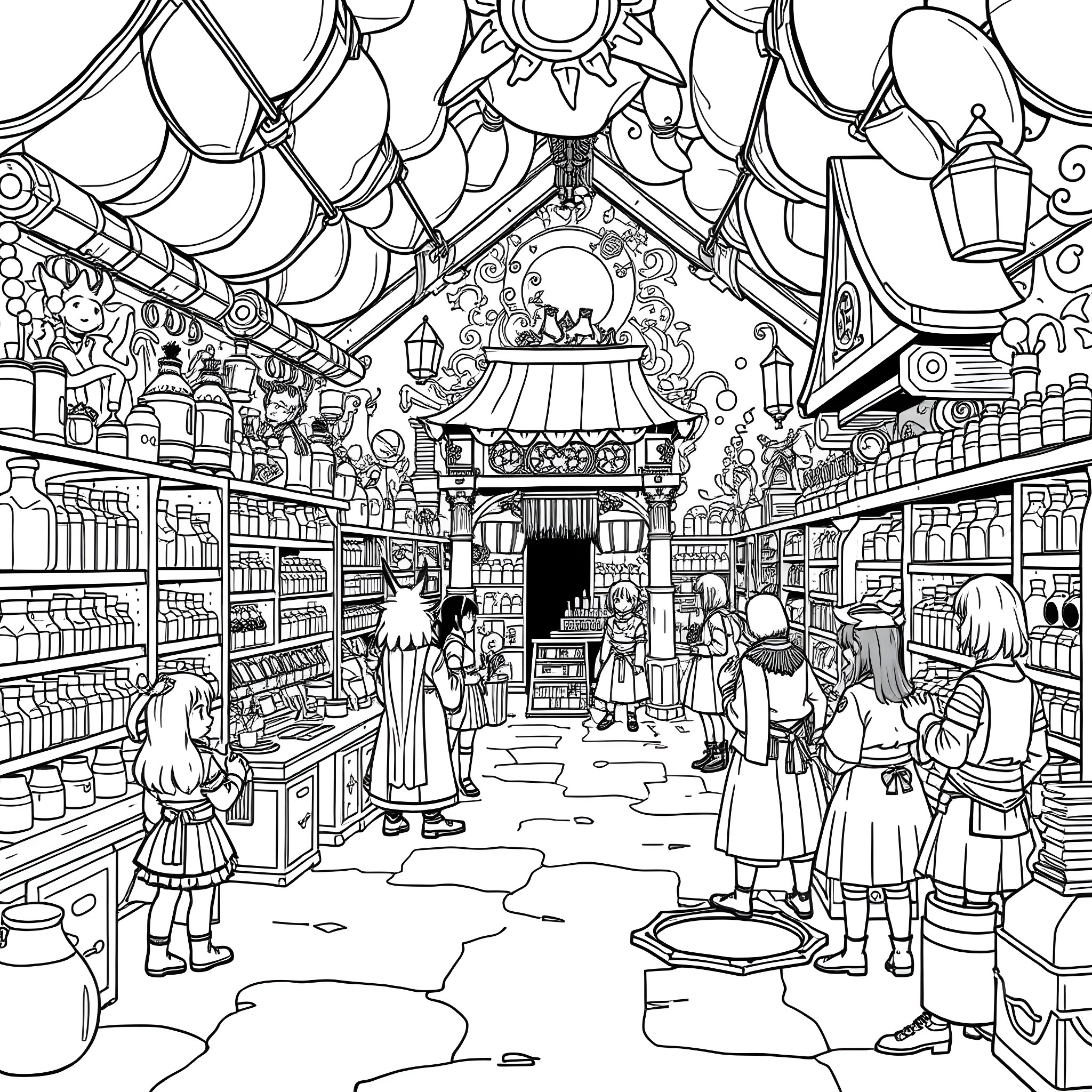 Futoku no Guild: Adventurers Explore Mysterious Magical Store Coloring Page (free black-and-white line drawing printable PDF for all, from beginners to advanced learners, including children, teens, adults, and seniors)