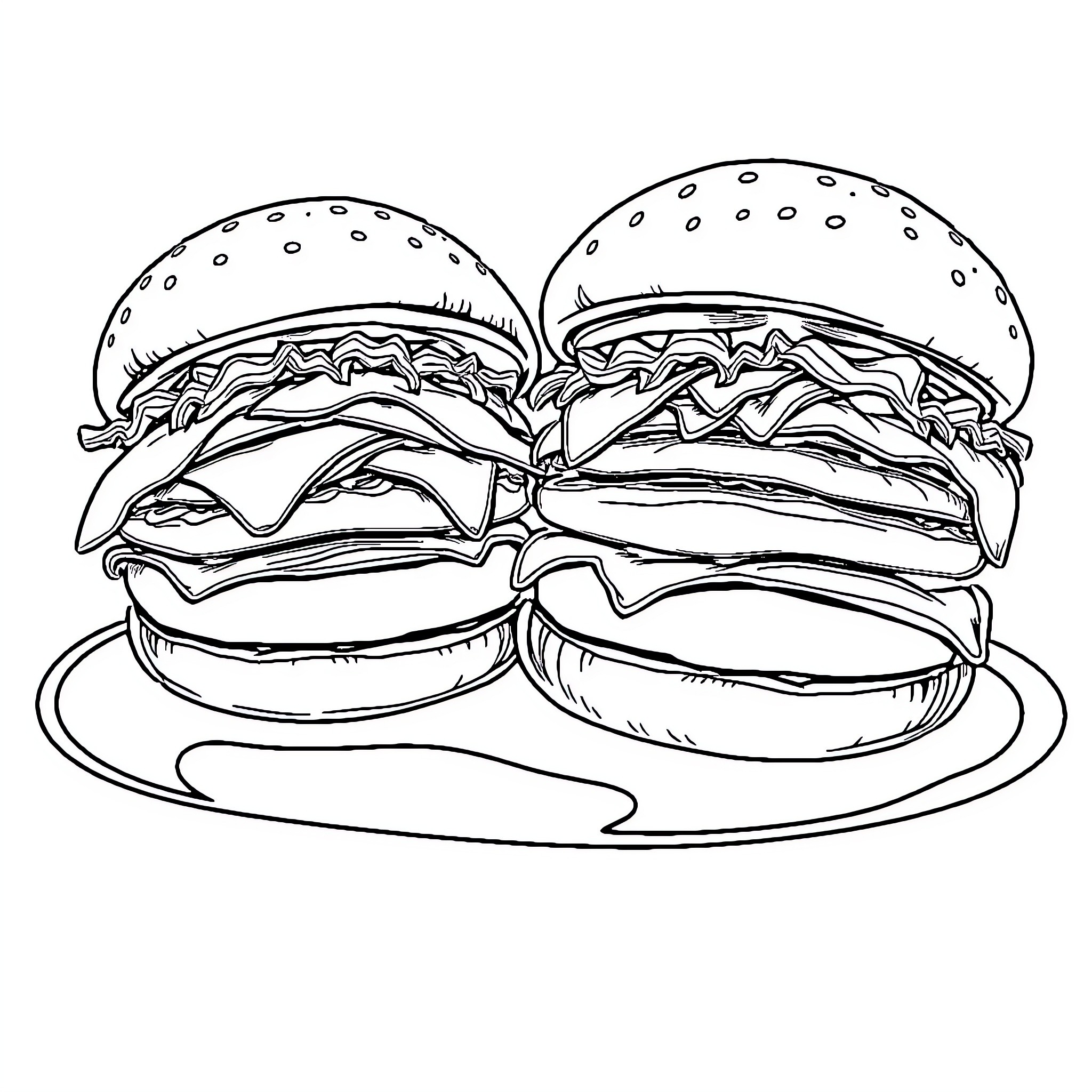 Hamburger duo on a plate Coloring Page (free black-and-white line drawing printable PDF for all, from beginners to advanced learners, including children, teens, adults, and seniors)