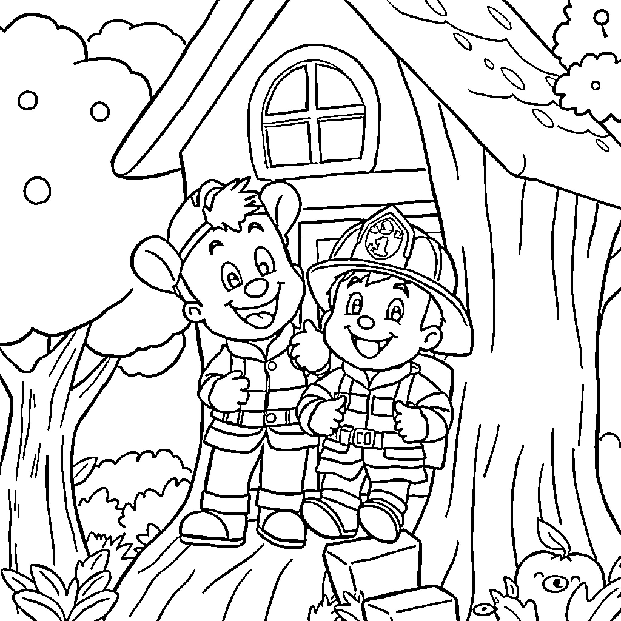 Bluey characters playing outdoors near their home Coloring Page (free black-and-white line drawing printable PDF for all, from beginners to advanced learners, including children, teens, adults, and seniors)