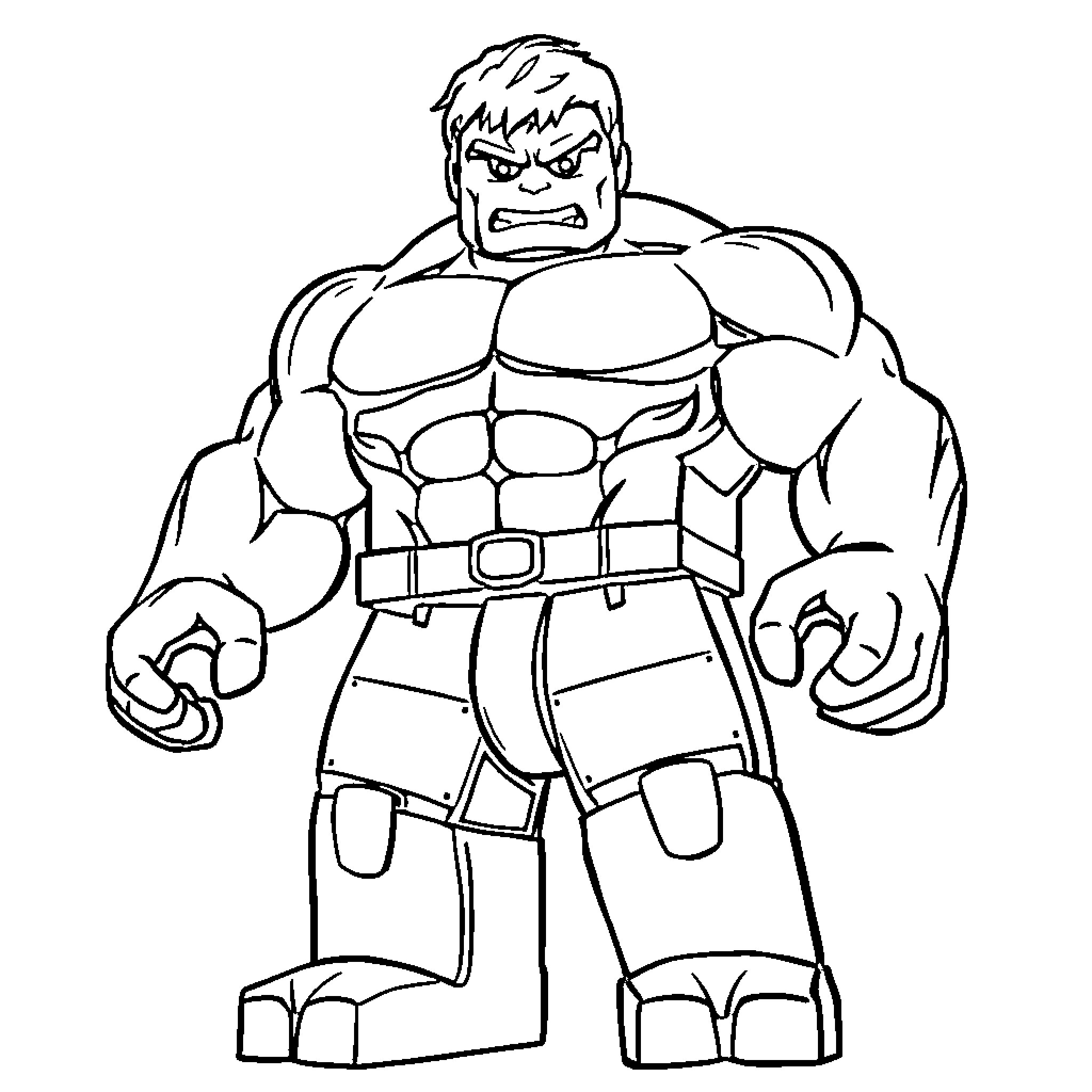 Hulk Flexing His Muscular Frame in Heroic Pose Coloring Page (free black-and-white line drawing printable PDF for all, from beginners to advanced learners, including children, teens, adults, and seniors)