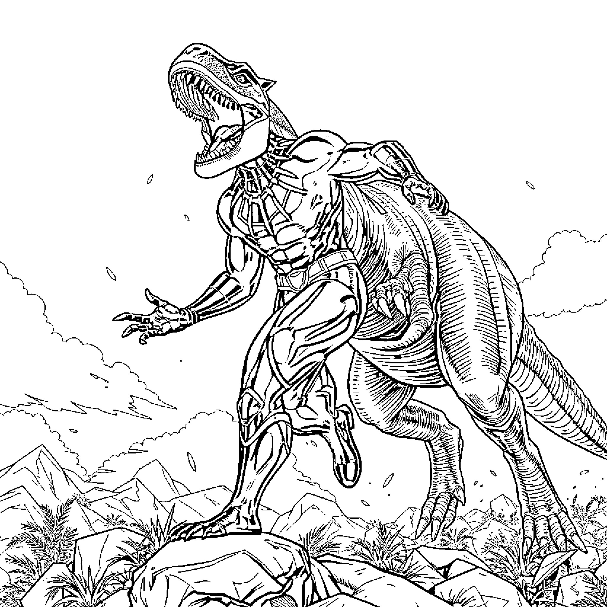 Panther Dinosaur Stalking Through the Prehistoric Landscape Coloring Page (free black-and-white line drawing printable PDF for all, from beginners to advanced learners, including children, teens, adults, and seniors)