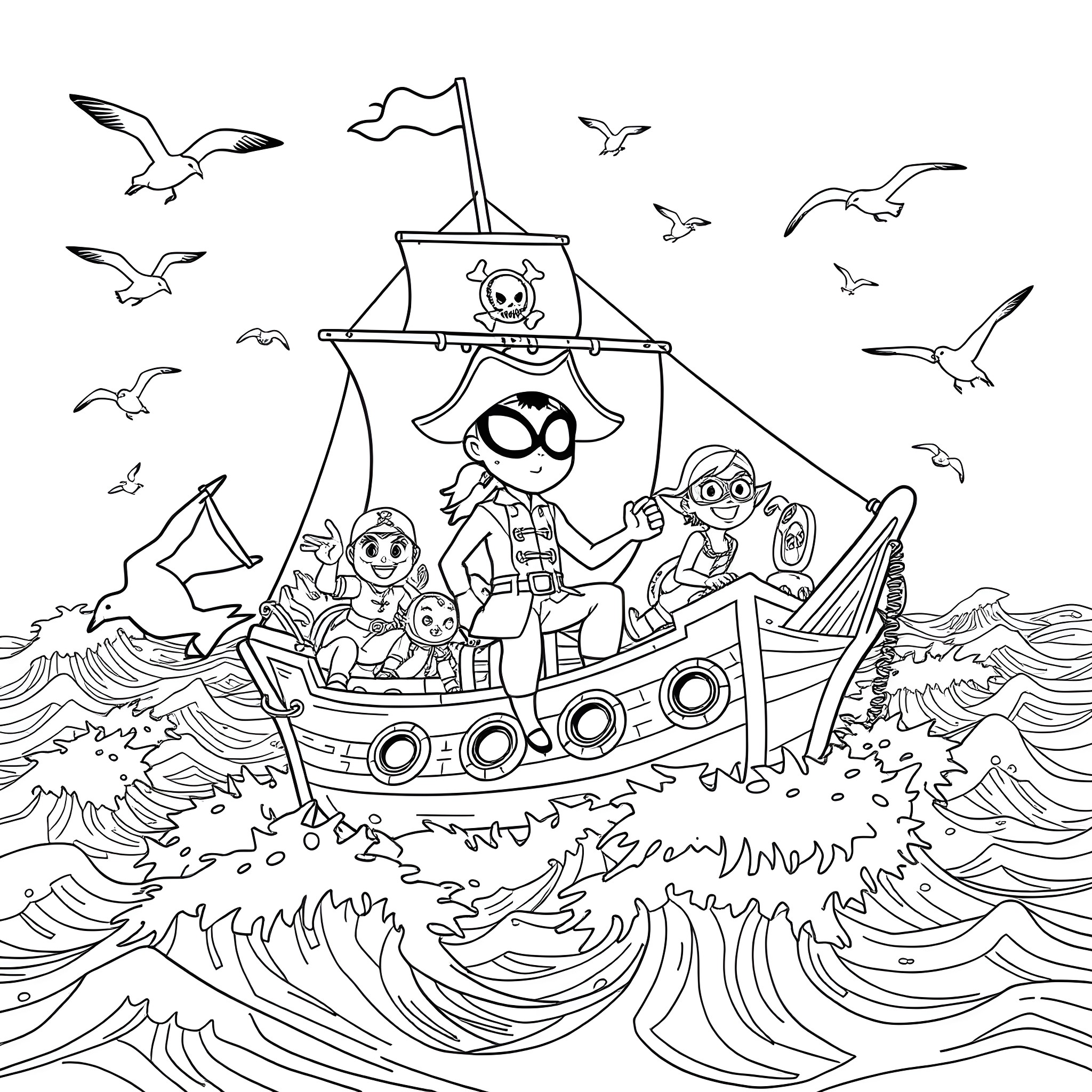 Spider Pirate Ship Sailing on the High Seas Coloring Page (free black-and-white line drawing printable PDF for all, from beginners to advanced learners, including children, teens, adults, and seniors)