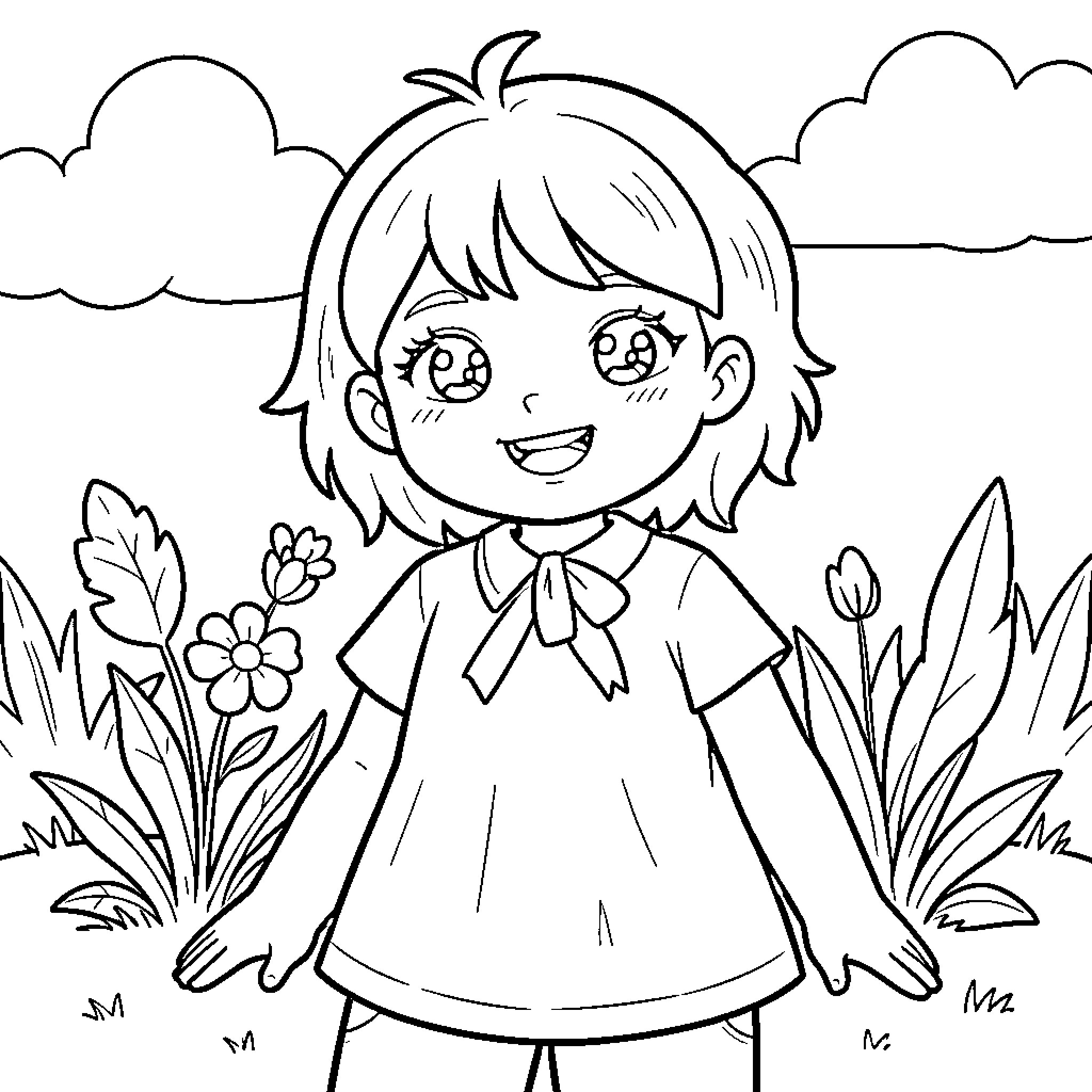 B&W happy young girl smiling in a garden Coloring Page (free black-and-white line drawing printable PDF for all, from beginners to advanced learners, including children, teens, adults, and seniors)