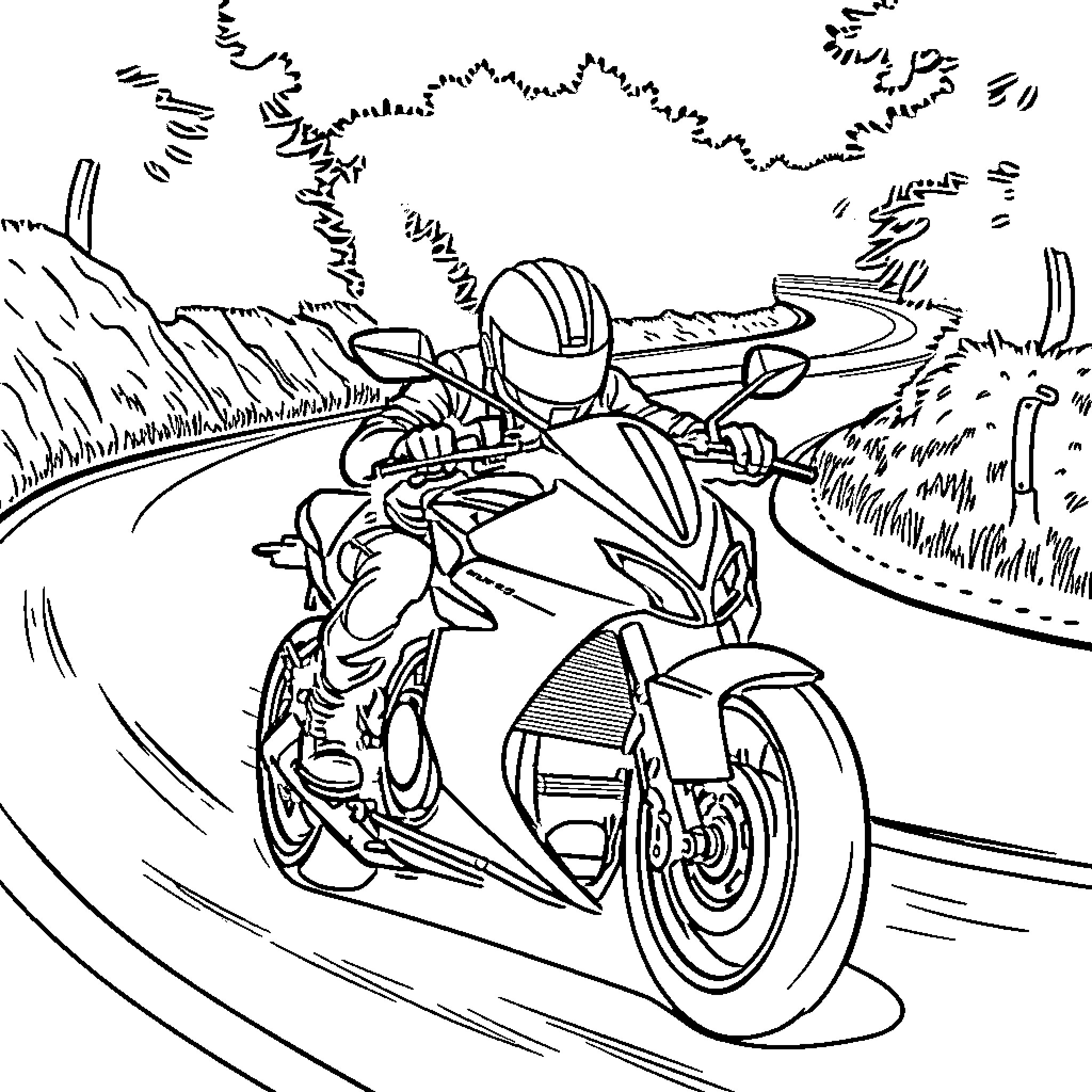 Shadow of Motorcycle Speeding on Winding Road Coloring Page (free black-and-white line drawing printable PDF for all, from beginners to advanced learners, including children, teens, adults, and seniors)