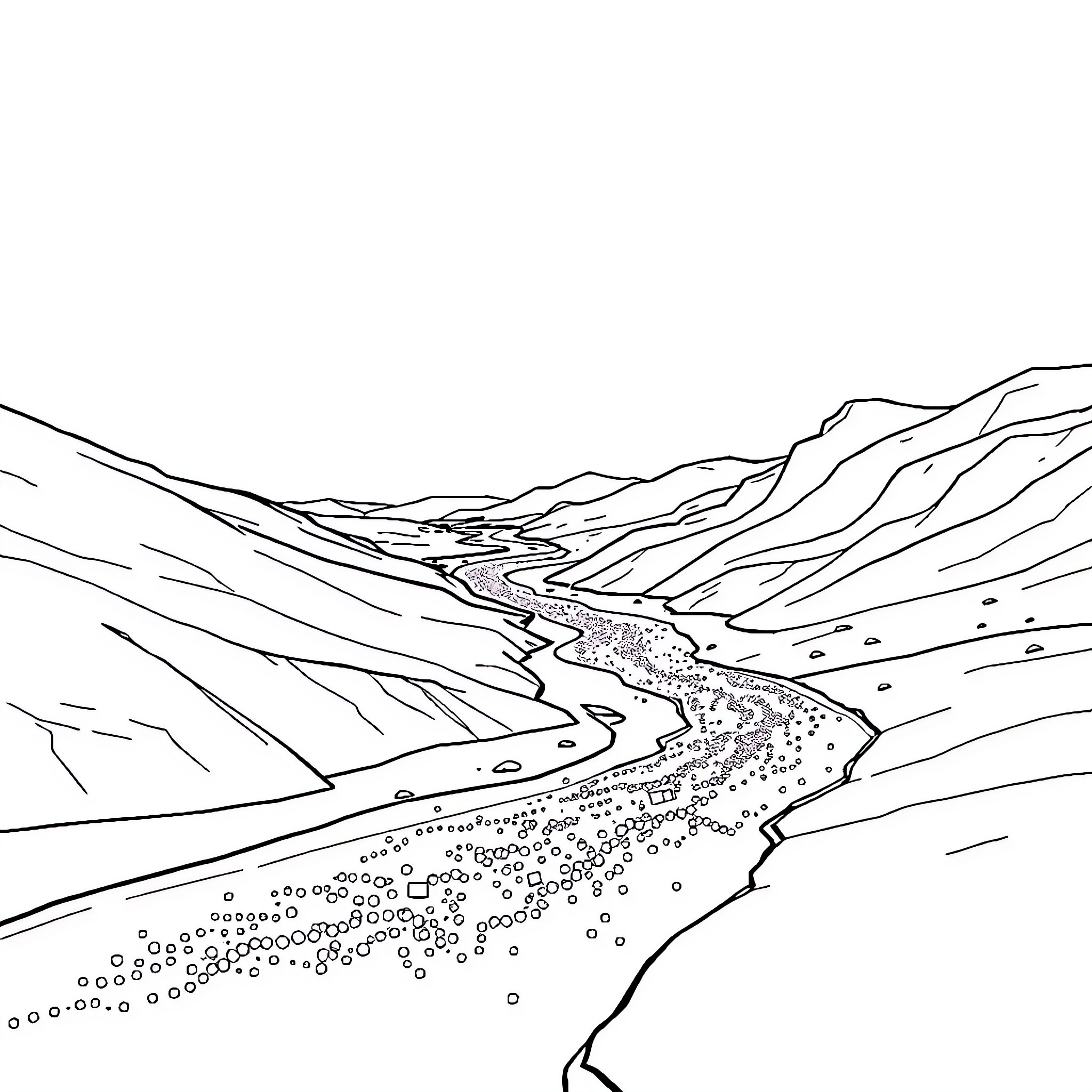 River flowing through rugged mountain landscape Coloring Page (free black-and-white line drawing printable PDF for all, from beginners to advanced learners, including children, teens, adults, and seniors)