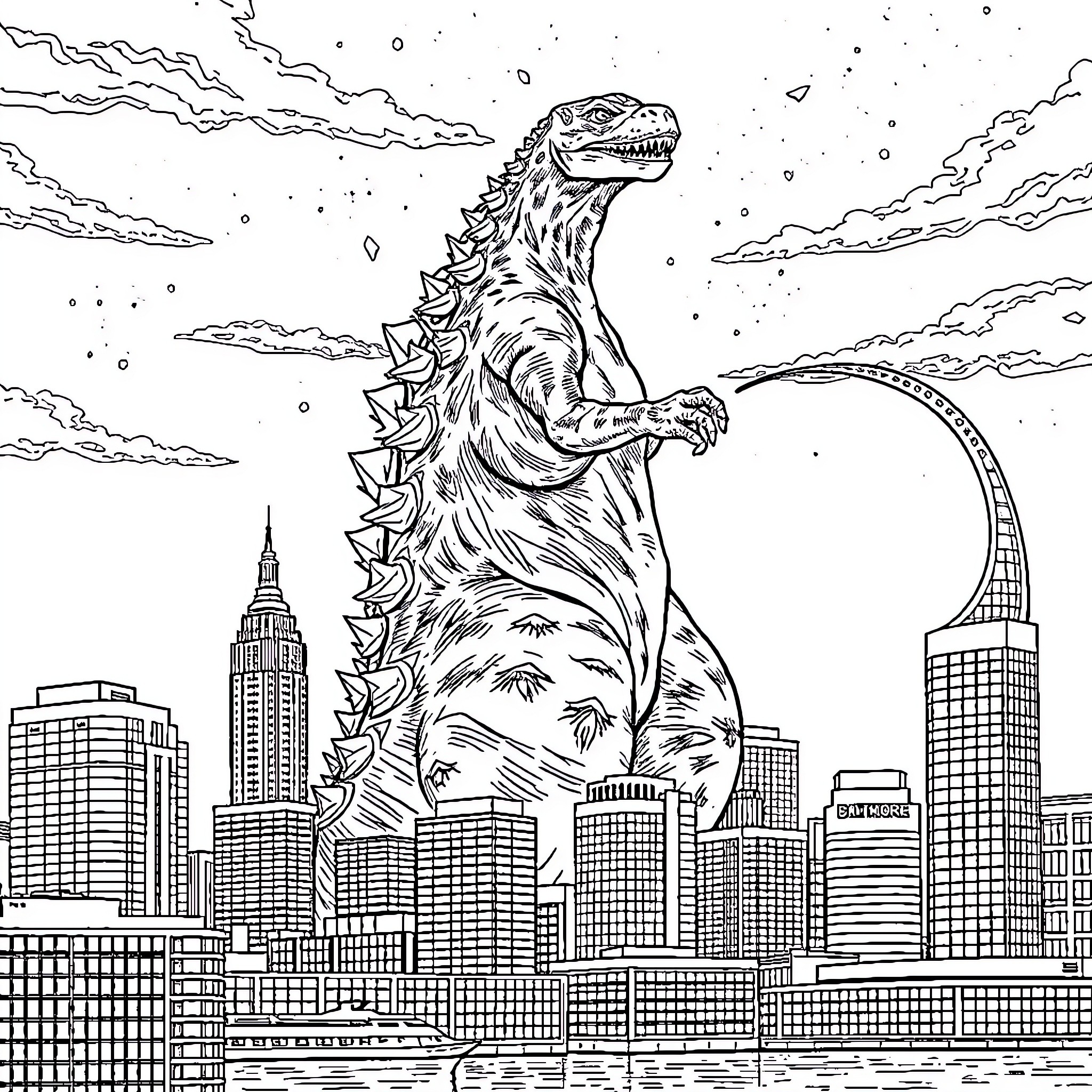 Godzilla Rampaging Through the Cityscape Coloring Page (free black-and-white line drawing printable PDF for all, from beginners to advanced learners, including children, teens, adults, and seniors)