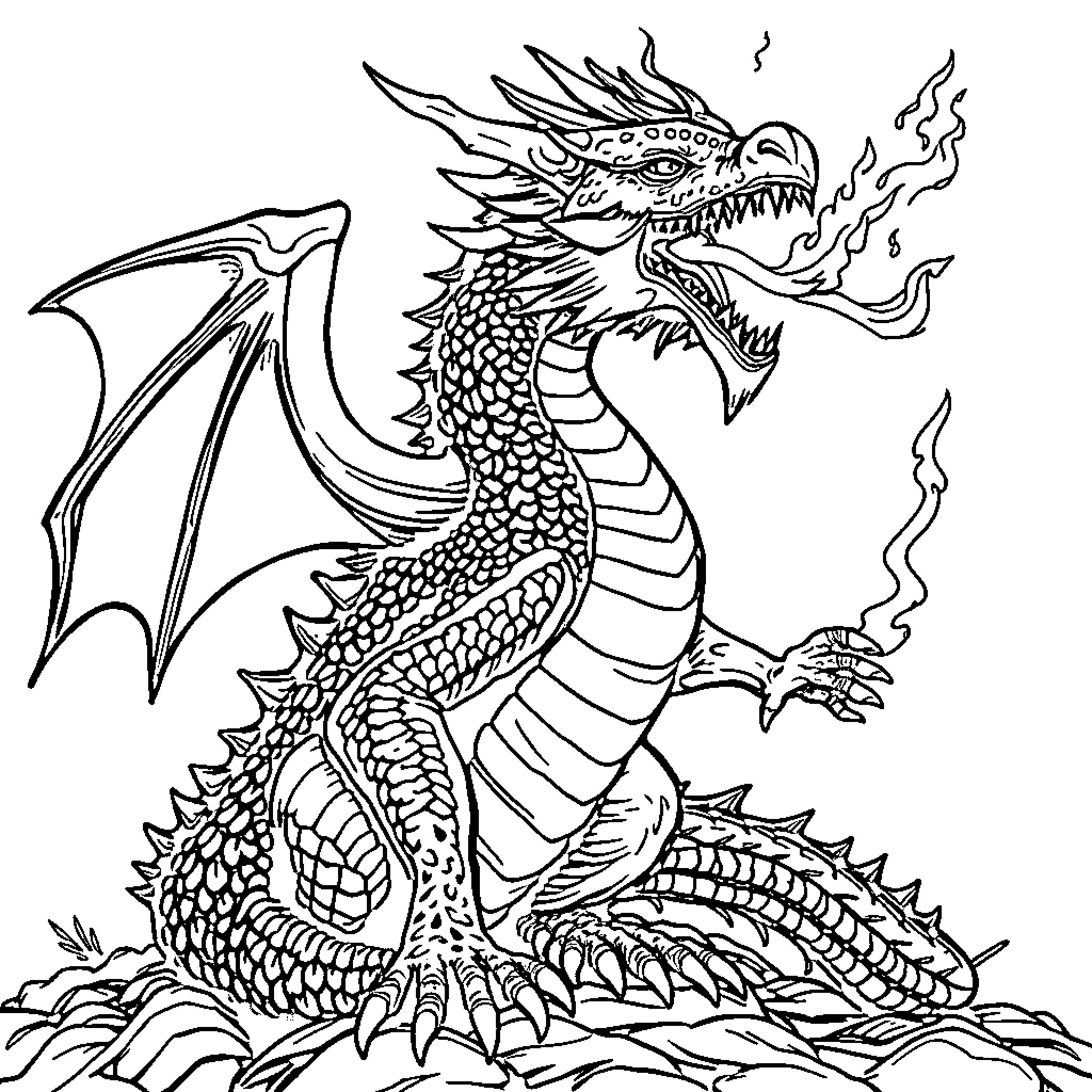 Dracofeu Breathing Fiery Flames from Menacing Jaws Coloring Page (free black-and-white line drawing printable PDF for all, from beginners to advanced learners, including children, teens, adults, and seniors)