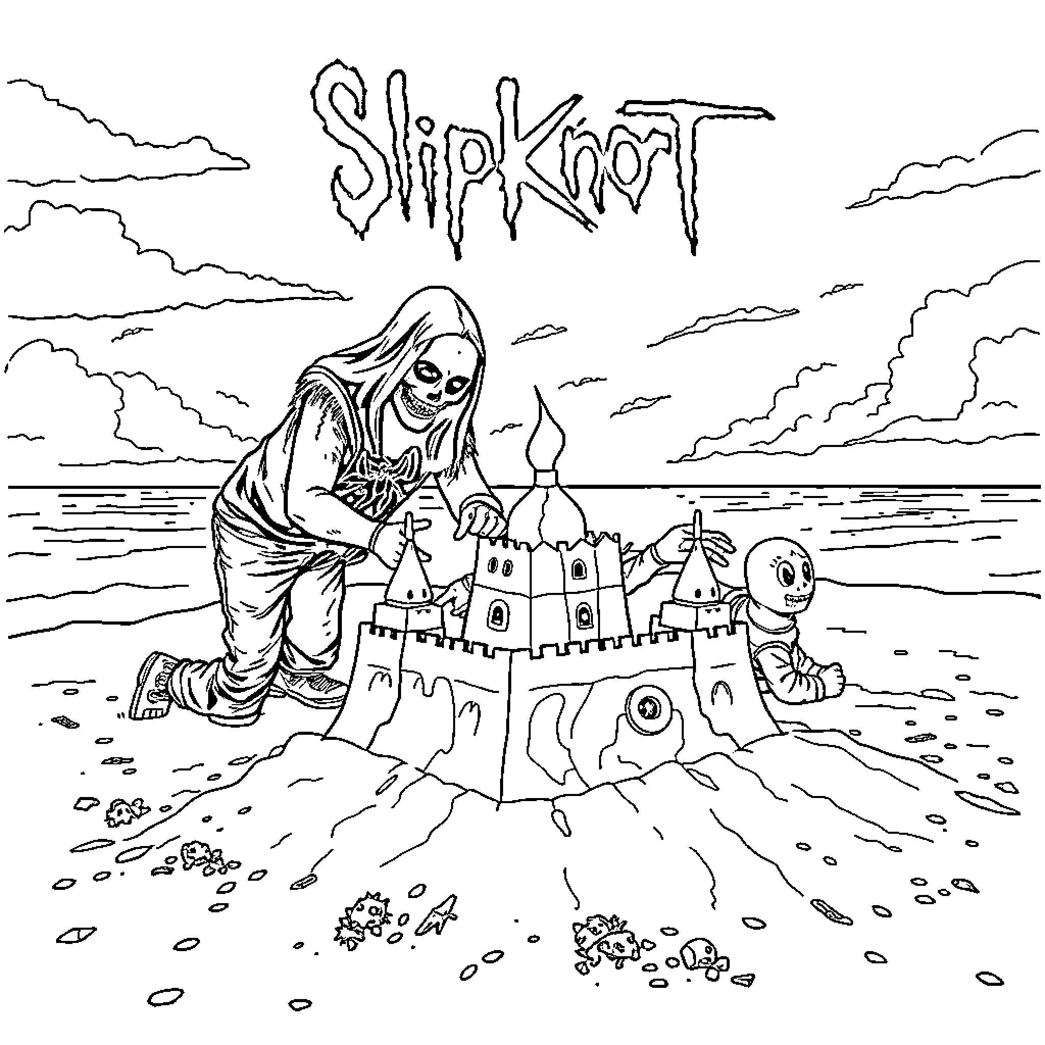 Slipknot: Sinister figure building a sand castle in stormy landscape Coloring Page (free black-and-white line drawing printable PDF for all, from beginners to advanced learners, including children, teens, adults, and seniors)