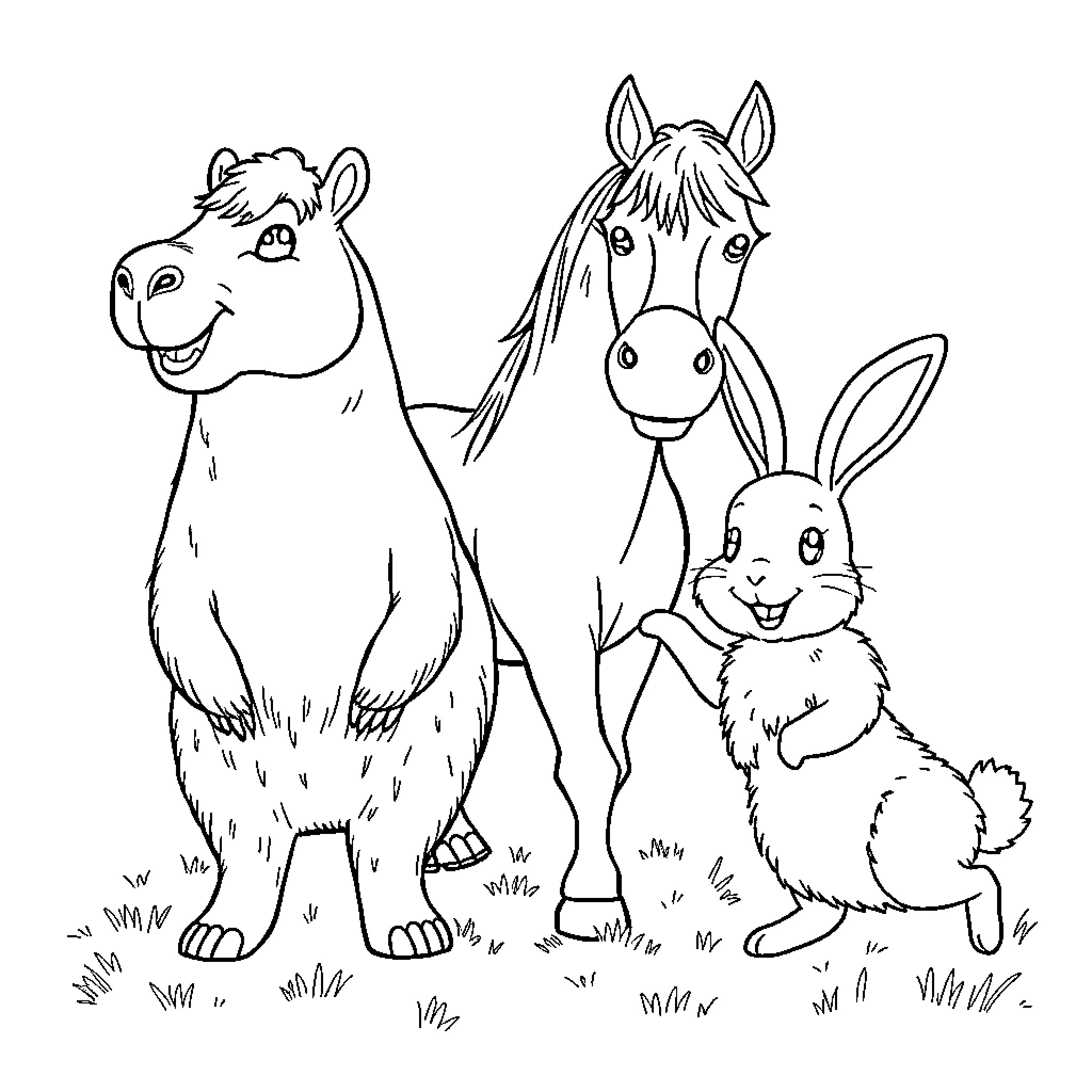 Capybara, Horse, and Rabbit Playing Together Coloring Page (free black-and-white line drawing printable PDF for all, from beginners to advanced learners, including children, teens, adults, and seniors)