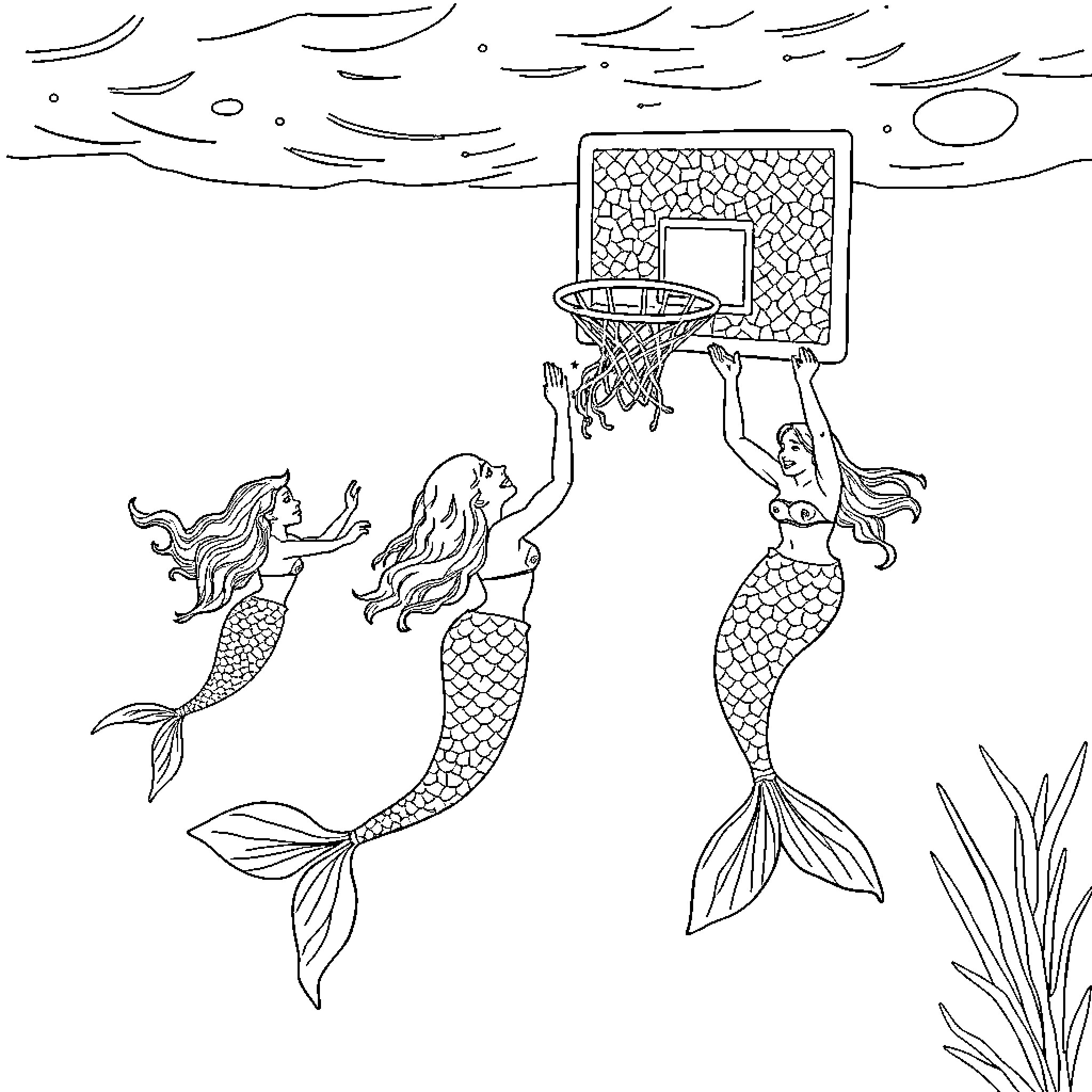 Mermaid friends playing basketball underwater Coloring Page (free black-and-white line drawing printable PDF for all, from beginners to advanced learners, including children, teens, adults, and seniors)