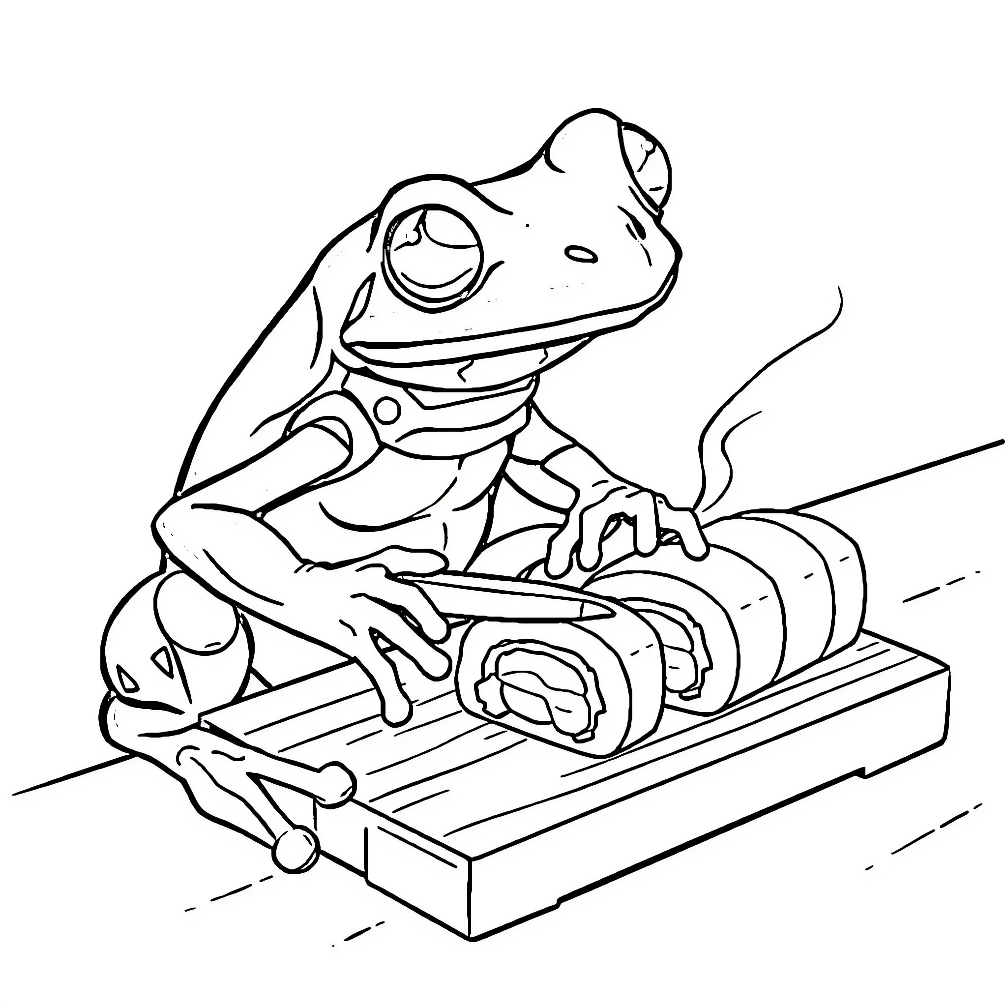 Tree Frog Playing on Skateboard Coloring Page (free black-and-white line drawing printable PDF for all, from beginners to advanced learners, including children, teens, adults, and seniors)