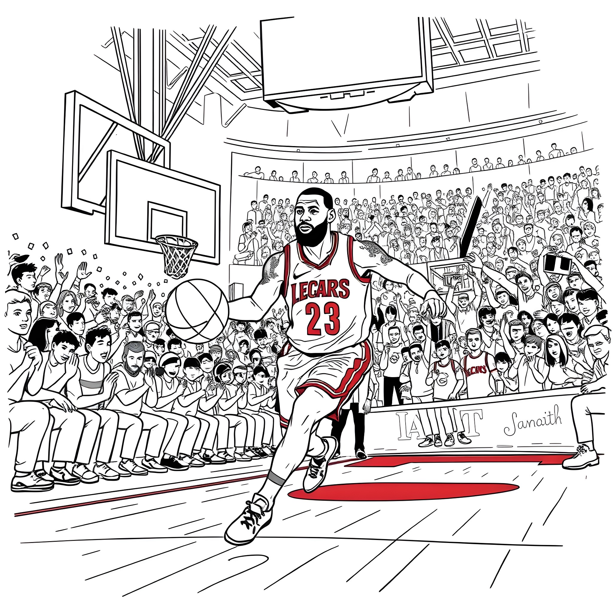 Ken Carson playing basketball in a crowded arena Coloring Page (free black-and-white line drawing printable PDF for all, from beginners to advanced learners, including children, teens, adults, and seniors)
