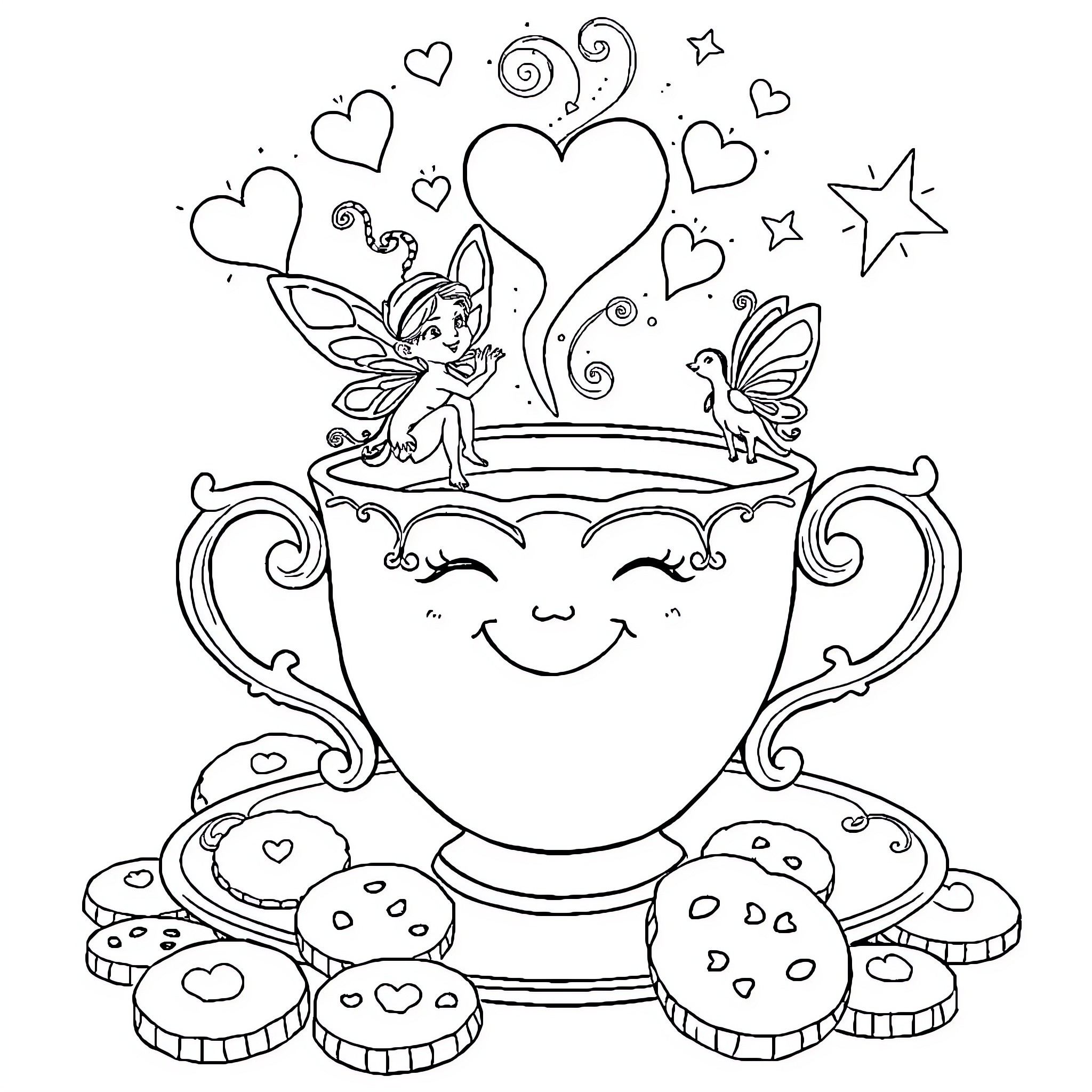 Teacup filled with whimsical fairy and treats Coloring Page (free black-and-white line drawing printable PDF for all, from beginners to advanced learners, including children, teens, adults, and seniors)